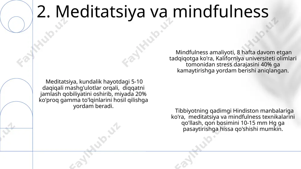 lish mashqlari, 20 daqiqada 3 bosqichda bajarilishi, farg'onadagi psixologlar tomonidan tavsiya etiladi. 9. nafas olish mashqlari uyqu xonasining harorati 18-20 gradus selsiy bo'lishi, toza havo aylanishi va to'shagingizning qulayligi, masalan, yumshoq matodan tayyorlangan bo'lishi uyqu sifati uchun juda muhimdir. uyqu gigienasini yaxshilash uchun har kuni kamida 7-8 soat, ideali 9 soat uxlash muhim, chunki bu amerika uyqu meditsinasi akademiyasi tavsiyalari bilan mos keladi. yotishdan oldin 1-2 soat avval elektron qurilmalardan foydalanishni cheklash, xususan, telefon yoki planshetlardan chiqadigan ko'k nur, melatonin ishlab chiqarishni kamaytiradi va shu bilan uyquga salbiy ta'sir ko'rsatadi. 10. uyqu gigienasi tana tarangligini boshqarish uchun 5-10 daqiqalik meditatsiya mashqlari, masalan, "mindfulness" texnikasi, buyuk britaniyada keng qo'llaniladi va stressni kamaytirishga yordam beradi. tana tarangligini boshqarishda 30 soniya davom etadigan chuqur nafas olish mashqlari samarali bo'lib, hindistonning yoga an'analarida 2000 yildan ortiq vaqtdan beri qo'llanib kelmoqda. progressive muscle relaxation texnikasi, 7 ta mushak guruhini navbat bilan taranglashtirish va bo'shashtirishni o'z …