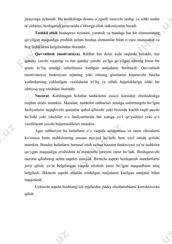 algoritmini mavjud vaziyatdan kelib chiqib qo‘llaniladi. agar vaziyat aniq va tanish bo‘lsa chiziqli algoritmdan foydalanish maqsadga muvofiqdir (4.2-chizma). 4.2-chizma. boshqaruv algoritmi bu algoritm ketma-ket bajariladigan faoliyatlar zanjiridan tashkil topgan bo‘lib, har bir bosqich o‘zidan oldingi bosqich natijalariga bog‘liq bo‘lgan holda, keyingi bosqich natijalari bu bosqich uchun ahamiyatga ega bo‘lmaydi. agar boshqaruv algoritmining biron-bir bosqichdagi natijasini olganimizdan keyin algoritmning avvalgi bosqichiga qaytish zarur bo‘lsa, bunday algoritm siklik boshqaruv algoritmi deyiladi (4.3-chizma). 4.3-chizma. siklik boshqaruv algoritmi boshqaruvda uning ayrim bo‘limlarning faoliyatlari bir-biriga mos kelmasa, boshqaruvning tarmoqli algoritmi qo‘llaniladi (4.4-chizma). 4.4-chizma. tarmoqli boshqaruv algoritmi bu algoritmdagi parallel bosqichlar bir vazifani bajaruvchi tizimlar va bajaruvchilar miqdorini ko‘paytiradi. bundan tashqari bunday algoritmlarda raqobatlashuvchi bosqichlar mavjud bo‘lib, ular ma’lum darajada boshqaruv strategiyasiga ta’sir o‘tkazadi. additiv algoritmlarda birinchi bosqichda nima qilish aniqlanadi algoritmning keyingi bosqichdagi faoliyatlar oldingi bosqich natijalari bo‘yicha aniqlanadi (4.5-chizma). 4.5-chizma. additiv boshqaruv algoritmi boshqaruv axborotlashgan sharoitda qarorlar qabul qilish jarayonidir yuqorida ko‘rib chiqilgan to‘rtta …