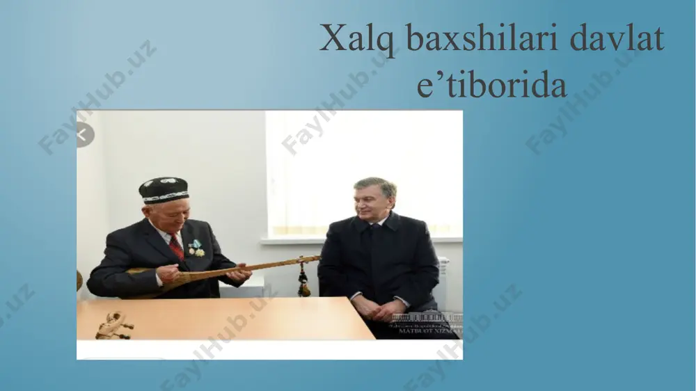 an’analari ergash jumanbulbul o‘g‘li, fozil yo‘ldosh o‘g‘li, po‘lkan, islom shoir, saidmurod panoh o‘g‘li, berdi baxshi, umir baxshi shoir, bola baxshi ijodida davom ettirildi. 11 baxshilar baxshilar baxshichilik an’anasi davom etmoqda 14 “boysun bahori” yosh baxshilar tanlovidan “alpomish” multfilmi 15 “venn diagrammasi” 16 “alpomish” dostoni “rustamxon” dostoni qr kodda joylashgan “alpomish” dostonini tinglang. “toifalash jadvali” usuli asosida qahramonlarga tavsif bering. 18 barchinoy surxayl kampir 1. 2. 3. 4. 5. 6. 7. 1. 2. 3. 4. 5. 6. 7. “alpomish” dostonidagi qahramonlar toifalash jadvali “alpomish” va “rustamxon“ dostonidan har bir guruh 10 tadan qahramon nomini yozadilar va qahramonlarning kimligini qarama-qarshi guruhlar izohlab beradilar: 1.dobonbiy- 1.ko`sa sinchi- 9.qorajon- 9.ko`kqashqa- 2.alpinbiy- 2.ultontoz- 10.rajabxo`ja eshon- 10.boyqashqa- 3.boybo`ri- 3.ko`kdo`nan- 11.oftoboyim 11.huroyim – 4.boysari- 4.boychibor- 12.momogul- 12. ximc 5.qultoy – 5.qoranor tuya- 13.sultonxon podsho- 13. rustam - 6.yartiboy- 6.toychaxon- 7.suqsuroy- 7.tovka oyim- 8.surxayl kampir- 8.ko`kaldosh- e’tiboringiz uchun rahmat! 20 image2.jpeg image3.png image4.jpeg image5.jpeg image6.jpeg image7.jpeg image8.jpeg image9.jpeg …
