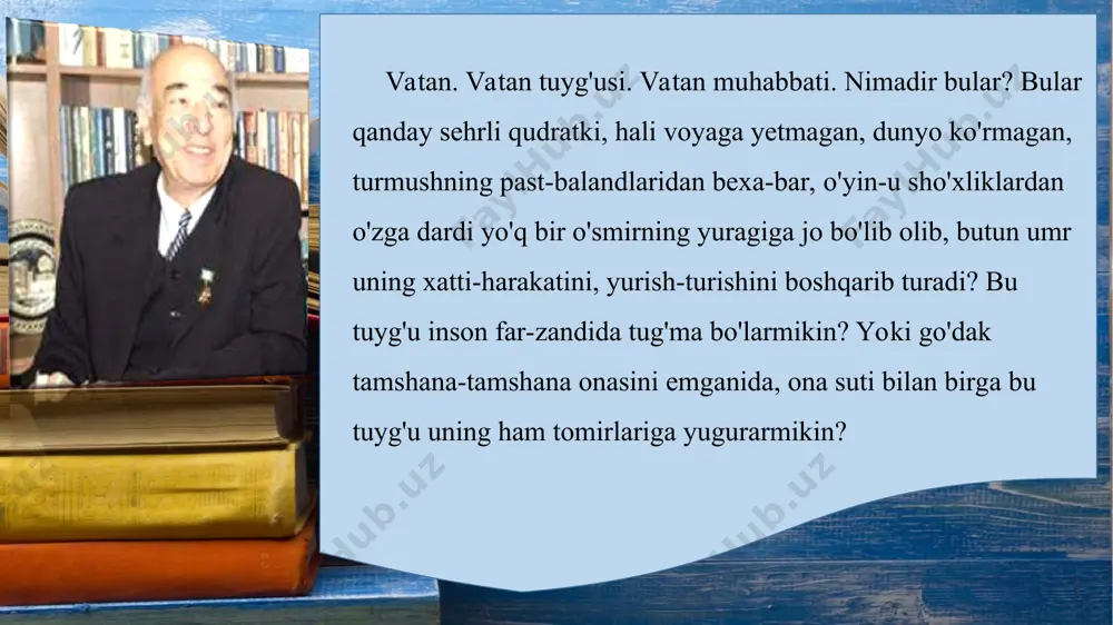 jamiki betakror jozibasi bilan, tuganmas xazinalari bilan menga meros qoldirgan. xo'sh, nima qilmoq kerak? tekin meros ekan deb, uning boyliklarini bir chekkadan sovuraverishim kerakmi? axir, yotib yesa tog' chidamas ekan. yo'q, orqa-oldimizga qaramay sovurish yo'lini tutadigan bo'lsak, bu go'zal o'lka uch-to'rtta avlodning umri o'tmasdanoq odam yursa oyog'i, qush uchsa qanoti kuya-digan dasht-u biyobonga aylanadi-yu, biz hammamiz kelajak avlodlarning qarg'ishiga uchraymiz. baxtimizga, o'tgan avlod-ajdodlarimiz bizga vatanni meros qilibgina qoldirgan emaslar, balki bu vatanni chin yurakdan se-vishni, unga ndokorlik bilan xizmat qilishni, uning husniga husn, boyligiga boylik qo'shishni ham meros qoldirishgan. vatanni sevmoq iymondandir, deb ta'lim berishgan ular... shu o'rinda, olis zamonlarda o'tgan ajdodimiz shiroq-ning vatan yo'lidagi buyuk fidokorligi yodimga tushadi. biz bu odamning oddiy cho'pon bo'lganini bilamiz, xolos. shuni aniq aytish mumkinki, u biror maktabda o'qib, xat-savod chiqarmagan bo'lsa kerak. yana shunisi aniqki, u televizor ko'rmagan, radio eshitmagan, gazeta o'qimagan. binobarin, vatanni sevish, unga jon fido qilish kerakligi haqidagi xitoblar-u siyqasi …