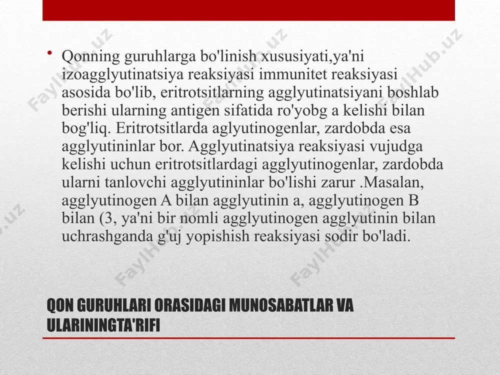oantigenlik xususiyatlari klinika uchun unchalik xavf tug'dirmaydi. 1939-yilda amerikalik olim viner odamlar eritrotsitlarida makak rezus maymunning erntrotsitlari bilan emlangan quyonlar zardobi orqali birinchi marta yangi antigenni topdi va u uni rezus-omil deb atadi. 1940-yilda landshteyner tomonidan bu yangi antigen kengroq o'rganildi. bolasi bilan sensibilizatsiyaga uchragan ayollar xavfli resipiyentlar hisoblanib, ularga rezus-musbat qonning quyilishi og'ir posttransfuziya reaksiyasiga olib keladi. shuning uchun rezus-omil ta'sirida posttransfuziya oqibatlari yuzaga kelmasligi uchun quyidagi qoidalarga rioya qilish kerak: 1. bemorlarga qayta qon quyiladigan bo'lsa, albatta rezus-omil antigenini aniqlash darkor. rezus-manfiy odamlarga faqat rezus-manfiy qon quyiladi. 2. bu ko'rsatmani anamnezida akusherlik asoratlari bo'lgan resipiyent ayollar va bo'lajak onalar - qizlarga qon quyilayotganda, shuningdek, avval posttransfuziya reaksiyasi bo'lgan resipiyentlarga qon quyilayotganda hisobga olish kerak. 400 ml rezus-musbat qon birinchi marta rezus-manfiy resipiyentga quyilsa, ularning 50 foizida rezus antitanalar paydo bo'ladi. shu resipiyentga qayta rezus-musbat qon quyilsa, tomir ichida eritrotsitlar gemolizga uchrashi natijasida kuchli posttransfuziya asorati kelib chiqadi. rezus-omilni …