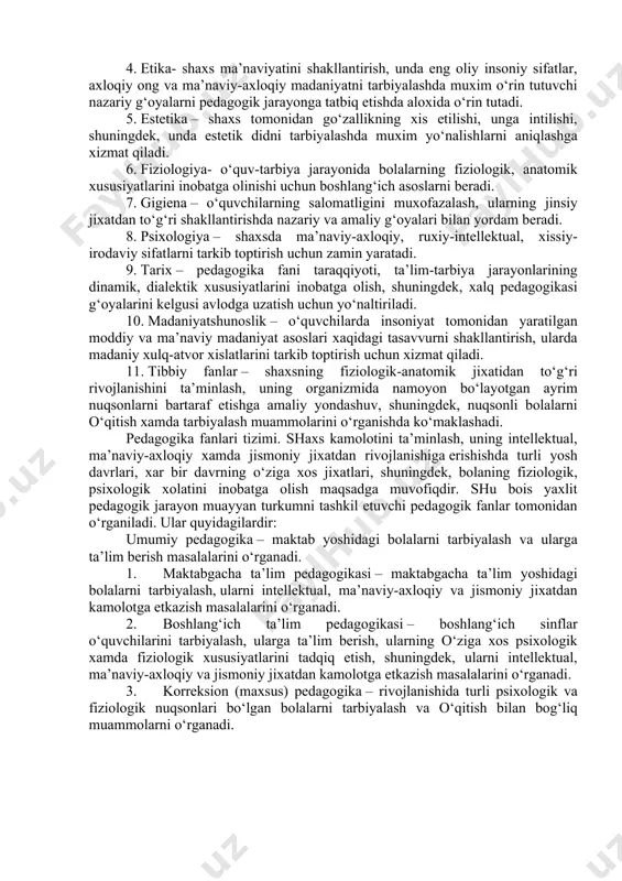 yurtmani bajarish asosida jamiyat taraqqiyotini ta’minlashga aloxida xissa qo‘shadi. pedagogika fani maqsadi va vazifalarining belgilanishida ijtimoiy munosabatlar mazmuni, davlat va jamiyat qurilishi, uning xayotida etakchi o‘rin tutuvchi g‘oyalar moxiyatini muxim axamiyatga ega.o‘zbekiston respublikasida demokratik, insonparvar xamda xuquqiy jamiyatni barpo etish sharoitida mazkur fan yuksak ma’naviy va axloqiy talablarga javob beruvchi yuqori malakali kadrni tarbiyalash tizimini ishlab chiqish, milliy istiqlol g‘oyasi asosida ta’lim va tarbiya nazariyasini ijodiy rivojlantirish vazifasini xal etadi. mazkur jarayonda quyidagi vazifalarni bajarishga e’tibor qaratiladi: 1. ma’naviy va axloqiy talabalarga javob beruvchi yuqori malakali kadrni tarbiyalashga yo‘naltirilgan pedagogik jarayonning moxiyatini o‘rganish. 2. shaxsni xar tomonlama kamol toptirish qonuniyatlarini aniqlash. 3. ijtimoiy taraqqiyot darajasidan kelib chiqqan xolda rivojlangan xorijiy mamlakatlar ta’lim tizimi tajribasini o‘rganish asosida uzluksiz ta’lim tizimini takomillashtirish. 4. ta’lim muassasalari xamda ularda faoliyat olib borayotgan pedagoglar faoliyati mazmunini asoslash. 5. ilg‘or pedagogik tajribalarni umumlashtirish va amaliyotga joriy etish. 6. pedagoglarni pedagogika nazariyasiga oid bilimlar xamda ta’lim-tarbiya usullari …