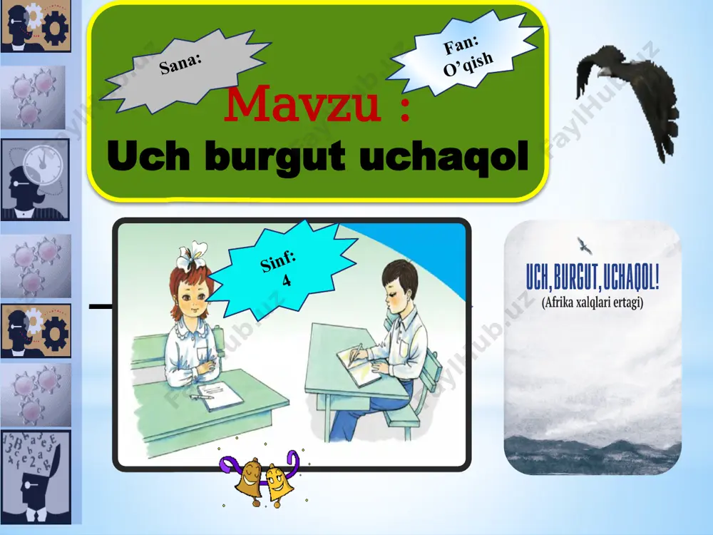 zo g‘ini topib kelish uchun yo‘lga otlanibdi. chunki bir kun oldin kuchli bo‘ron turib, poda buzoqsiz qaytgan edi.u vodiyga borib, buzoqni daryo bo‘yidan, qamishzorlar ichidan, tog‘-u toshlar orasidan qidirib, baland qoyali tog‘ yonbag‘riga chiqibdi. u buzog‘ini: «balki, bo‘rondan qochib qutu lish uchun toshlar orqasiga yashiringandir», – deb xarsangtosh orqasiga qarabdi. shunda uning bir g‘ayritabiiy narsaga ko‘zi tushib, hayratdan to‘xtab qolibdi. endi tuxumdan chiqqan bir yoki ikki kunlik burgut bolasini kechagi kuchli bo‘ron inidan uloqtirib yuborgan edi. cho‘pon ehtiyotkorlikda ikkala qo‘li bilan palaponni ko‘tarib olibdi. u burgut bolasini uyiga olib borib, unga g‘amxo‘rlik qilishga qaror qilibdi. cho‘pon uyga yaqinlashib qolganida, bolalari uning qarshisiga yugurib chiqishdi.«buzoqning o‘zi qaytib keldi!» – deb qiyqirishdi ular. cho‘pon bu xabardan mamnun bo‘ldi. u burgut bolasini oilasiga ko‘rsatib, so‘ngra uni tovuqxonadagi tovuqlar va jo‘jalar orasiga joylashtirdi. «burgut – qushlar hukmdori, – dedi u, – biz esa unga tovuqlardek bo‘lishni o‘rgatamiz». shunday qilib, burgut tovuqlar orasida yashab, ularning …