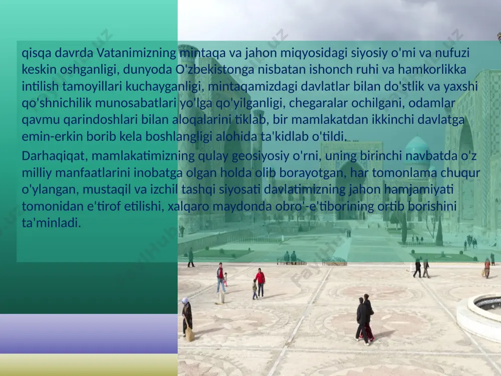a istiqomat qiladigan xalqlarning qadimdan hamfikr bo`lib kelgani markaziy osiyo mintaqasida tashqi siyosat yuritishda ijtimoiy zarurat hisoblanib kelinmoqda. o`zbekistonning bu borada amalga oshirgan ulkan yutuqlari umumjahon sivilizatsiyasi bilan mushtarak ekanligini alohida qayd etish bilan birga bu sermashaqqat yo`lda prezident i. a. karimovning o`rni beqiyosligini ham aytib o`tmoq lozim. o`zbekiston respublikasi butun jahon jamoatchiligi oldida xalqaro huquqning umumjahon e’tirof etgan normalariga sodiqligini konstitusiya darajasida ham mustahkamladi. xalqaro huquqning tamoyillari va normalarining butun bu majmui konstitutsiyaga bmt ustavidan, inson huquqlari umumiy deklarasiyasidan, va inson huquqlariga oid boshqa xalqaro huquq bitimlardan, xelsinki bitimi, parij va madrid xartiyalariga asoslandi. shuningdek, asosiy qonunga kiritilgan qonunlarni rivojlantirish maqsadida “diplomatik munosabatlarni o`rganish tartibi”, “o`zbekistonda xalqaro shartnomalarni tuzish, ijro etish va bekor qilish” haqida aktlar ham qabul qilindi. ularda tashqi siyosatning har tomonlama asoslangan tamoyillari o`z aksini topdi. o`zbekiston bmtning to`laqonli a’zosi sifatida birlashgan millatlar tashkilotining yig‘ilishlarida ishtirok etishi bilan o`zining xalqaro hamjamiyatga kirish jarayonini davom ettirdi. o`zbekiston …