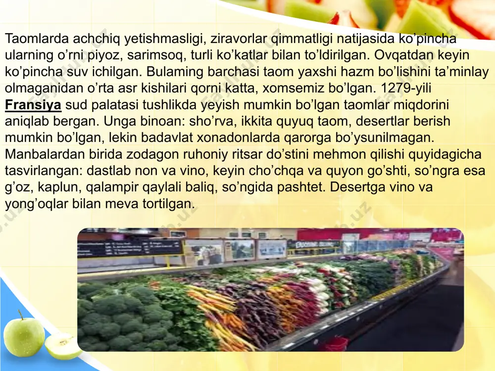 shxonasida eng ko‘p foydalaniladigan mahsulotlardan biri hisoblanadi. fransuzlar mol, qo‘y va parranda go‘shtlarini qaynatib, qovurib yoki dimlab pishirishning o‘ziga xos uslublarini yaratishgan. go‘sht pishirishning original usullaridan biri „yondirish“ deb nomlanadi. buning uchun qovurilayotgan go‘shtning ustidan konyak quyiladi va yondiriladi. bu usul taomga o‘zgacha maza beradi. fransuz pazandalari go‘shtli salatlar tayyorlashda asosan parranda go‘shtidan foydalanadilar. baliqlar va dengiz mavjudodlaridan tayyorlanadigan taomlar fransuz dasturxonining bezagi sanaladi. fransuzlar omletlarni ham sevib iste’mol qiladilar. omletlarning pishloqli, dudlangan go‘shtli, qo‘ziqorinli, sabzavotli va ko‘katli turlari har qanday odamning ishtahasini ochadi. fransuz milliy taomlari yevropaning boshqa mamlakatlari milliy taomlaridan nafaqat betakror mazasi, balki oddiy va yengil tayyorlanishi, did bilan bezatilib dasturxonga tortilishi bilan ham farq qiladi. французлар пазандачиликни санъат ва моҳир ошпазларни эса ўз касбининг мусаввирлари деб ҳисоблайдилар. уларнинг шахсий ҳаётида пазандачиликнинг аҳамияти жуда юқори. уларнинг фикрича, тайёр рецептураларни фақат асос сифатида олиб, ўзининг шахсий маҳоратидан бирор янгилик киритмаган ошпаз мақтовга сазовор эмас . бирор кимса ҳақида …