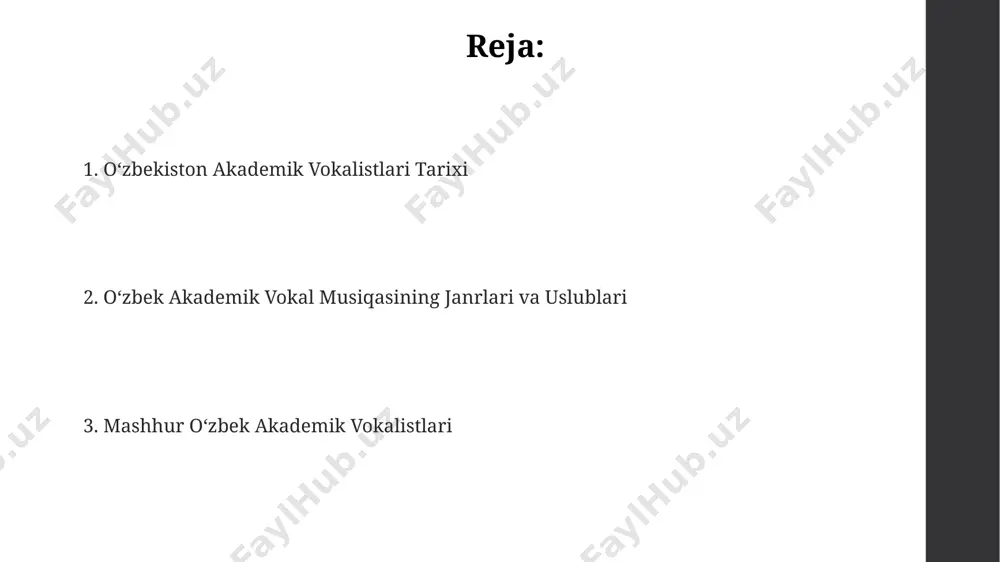 rtiq professional vokal ansambllari va xorlar, jumladan, toshkentda joylashgan davlat akademik xor kapellasi katta hissa qoʻshgan. oʻzbek akademik vokal musiqasida 19-asr oxiri va 20-asr boshlarida samarqand va buxoro maktablari taʼsirida shakllangan ashula janri keng tarqalgan boʻlib, milliy kuy-qoʻshiqlarni zamonaviy uslubda ijro etishga asoslangan. respublikamizda 20-asrning 70-yillaridan boshlab xor asarlari, kantata va oratoriyalar kabi yirik janrlar akademik vokal musiqasida muhim oʻrin egallab, toshkentlik bastakorlarning ijodida yaqqol namoyon boʻldi. zamonaviy oʻzbek akademik vokali "shashmaqom" an'analarini zamonaviy akademik vokal bilan uygʻunlashtirgan 2 ta yirik loyiha 2010-yildan keyin toshkent va samarqand shaharlarida taqdim etildi, shuningdek, xalqaro festivallarda ishtirok etdi. zamonaviy oʻzbek akademik vokali, 20-asrning ikkinchi yarmidan boshlab, toshkent konservatoriyasi kabi muassasalar orqali 50 dan ortiq xonanda va 10 dan ortiq xor jamoalarini yetishtirdi, ularning ijrosi jahon sahnalarida ham eshitiladi. oʻzbekiston davlat filarmoniya zalida 1980-yillardan buyon 30 dan ziyod zamonaviy oʻzbek akademik vokal asarlarining premyeralari boʻlib oʻtdi, bu janrning rivojlanishiga sezilarli hissa qoʻshdi. oʻzbek akademik …