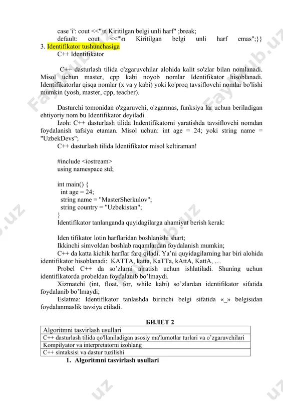 g(satr) o'zgaruvchi qiymatini ekranga chiqarish. cout using namespace std; ​int main() { int cpp; cpp = 13; cout using namespace std; ​ int main() { cout bunda kutubxonani (#include) chaqirish amalga oshirilayabdi. "iostream" kutubxona kiritish va chiqarish ob'ektlar bilan ishlash imkoniyatini beradi cout (koddagi 5 qatorga qarang) 2 - qator: using namespace std biz standart kutubxonadan obyektlar va o'zgaruvchilar uchun nomlardan foydalanishimiz mumkinligni anglatadi. qanday qilib #include va qanday ishlashini tushunmasangiz, tashvishlanmang using namespace std. buni shunchaki dasturingizda (deyarli) har doim paydo bo'ladigan narsa deb o'ylang. 3-qator: bo'sh qator tashlab ketilgan. c ++ bo'shliqni e'tiborsiz qoldiradi. 4-qator: c ++ dasturida har doim paydo bo'ladigan yana bir narsa int main(). bunga funktsiya deyiladi. figurniy qavs ichidagi har qanday kod {}bajariladi. {} qavs ichidagi kodni dastur ishga tushganda birinchi amalga oshirladigan operatorlar qatori o'qiladi. 5-qator:cout ("ko'rish uchun" deb talaffuz qilinadi) bu matnni chiqarish / bosib chiqarish uchun kiritish operatori ( ) bilan …