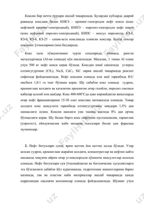 кил топган бўлади. унинг таркибидаги асфалтенлар битумларни қаттиқлигини ва юмшаш температурасини юқори бўлишини, смолалар эса боғлаш (цементлаш) ва эластикликни, ёғлар эса смолаларни эритувчиси ва асфалтенларни шишини таъминлайди. нефт битумлари учун адгезияланиш хоссаси (ёпишиши) катта аҳамиятга эга. адгезияланиш хоссаси битумнинг кимёвий таркибига боғлиқ. масалан, парафинлар миқдори ошиб борса, адгезияланиш камаяди. шунинг учун битум таркибида парафиналр миқдори 5% дан ошмаслиги лозим. асфалтенларни молекуляр оғирлиги ортиши билан адгезияланиш яхшиланади. турли битумлар учун қўйиладиган талаблар қуйидаги жадвалда берилган. нефт битумлари номи (тури) юмшаш температураси, °с дан пастда 25°с даги чўзтлувчанлик, см дан кам эмас йўл қурилишида ишлатиладиган: бнд – 40/60 бнд – 60/90 бнд – 90/130 қурилиш битумлари: бн – 50/50 бн – 70/30 бн – 90/10 махсус битумлар (рубракслар) а б 52 48 45 50 70 90 125 – 135 135 – 150 50 60 70 40 3 1 - - нефт битумларини асосан уч хил усулда олинади. буларга: - сув буғи ёки …
