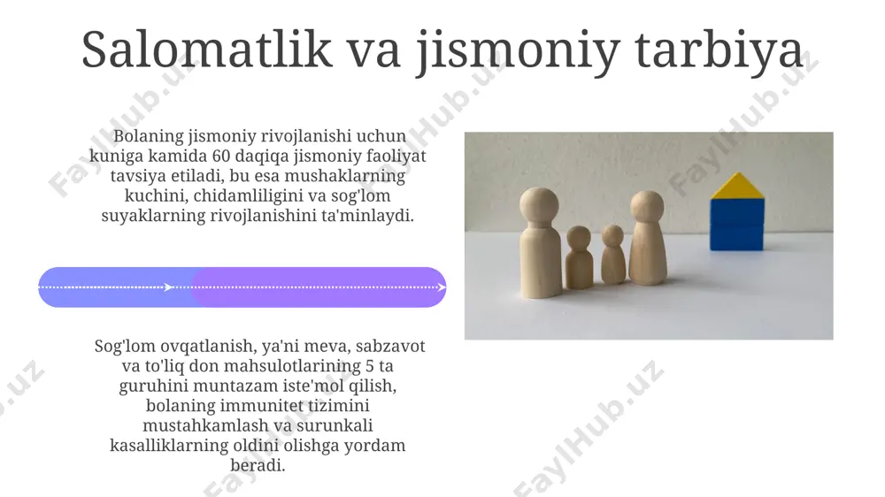 aytirish mumkin. oilaviy mojarolarning 70%i muloqot etishmasligidan kelib chiqadi, shuning uchun samarali muloqot ko'nikmalarini o'rgatish va oilaviy maslahatlar olish muhim ahamiyatga ega. axloqiy tarbiya axloqiy tarbiya 5 yoshdan 12 yoshgacha bo'lgan bolalarda, o'z-o'zini boshqarish ko'nikmalarini rivojlantirish va ijtimoiy normalarni o'rgatish orqali shaxsning axloqiy qarashlarini shakllantirishga qaratilgan. oilaviy axloqiy tarbiya 3 ta asosiy tamoyilga asoslanadi: hurmat, mas'uliyat va adolat. ushbu tamoyillar bolaning shaxsiy rivojlanishi va ijtimoiy moslashuvida muhim rol o'ynaydi. vatanparvarlik tarbiyasi vatanparvarlik tarbiyasi 5 yoshdan boshlab, bolaning yosh xususiyatlarini hisobga olgan holda, hikoyalar, she'rlar, qo'shiqlar va milliy o'yinlar orqali boshlanishi tavsiya etiladi. vatanparvarlik tarbiyasi bolaning shaxsiy rivojlanishiga 3 ta asosiy yo'nalishda – milliy g'urur, ijtimoiy mas'uliyat va fuqarolik burchi tuyg'ularini shakllantirish orqali ta'sir ko'rsatadi. intellektual rivojlantirish bolaning intellektual rivojlanishiga 3 yoshgacha bo'lgan davrda ona suti orqali olingan ozuqa moddalari katta ta'sir ko'rsatadi, miya hujayralarining 80% shu davrda shakllanadi. maktabgacha yoshdagi bolalarda o'yin orqali o'rganish samaradorligi 70% ga yetadi, bu esa …