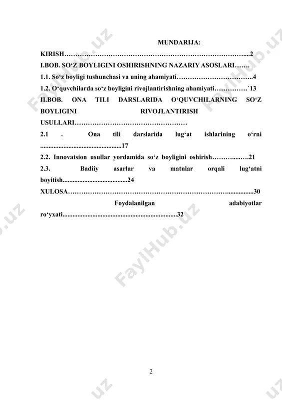 iq va maqsadga muvofiq tarzda bayon etishda yanada muvaffaqiyatli bo‘ladilar. zamonaviy o‘quv dasturlari va pedagogik metodlar, shuningdek, o‘quvchilarning nutqiy qobiliyatlarini rivojlantirishga yo‘naltirilgan. ammo, har qanday metodning samarali bo‘lishi uchun o‘quvchilarning so‘z boyligini oshirishga alohida e’tibor qaratilishi zarur. shu sababli, bu mavzu nafaqat o‘qituvchilar, balki ta’lim muassasalari, psixologlar va boshqa mutaxassislar uchun ham dolzarbdir. kurs ishining dolzarbligi: shuningdek, o‘quvchilarning so‘z boyligini oshirishning zamonaviy pedagogik usullari va metodlarini tadqiq etishda, amaliy yondoshuvlarni ishlab chiqishda, o‘quvchilarning fikr ifodalash va mantiqiy fikrlash qobiliyatlarini mustahkamlashga qaratilganligini ko‘rsatadi. bunday tadqiqotlar ta’lim tizimida yuqori samaradorlikni ta’minlashda muhim rol o‘ynaydi. kurs ishining maqsadi: ona tili darslarida o‘quvchilarning so‘z boyligini oshirish usullarini tahlil qilish, ularni samarali qo‘llash yo‘llarini aniqlash hamda o'quvchilarda so'z boyligini shakllantirishga qaratilgan metodik tavsiyalar ishlab chiqish. kurs ishining vazifalari: so'z boyligini oshirishning nazariy asoslarini o‘rganish: ona tili va so‘z boyligining ta’riflari, uning ahamiyati hamda o‘quvchilarda so‘z boyligini rivojlantirishga bo‘lgan ehtiyojni tahlil qilish. ona tili darslarida so‘z …