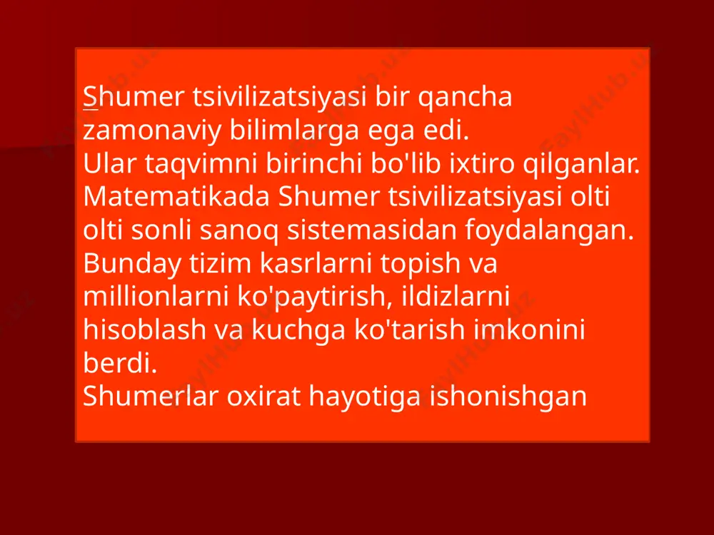 yerlar maʼlum edi). oʻsha davrda tibbiyot ham jadal rivojlandi. jarrohlik yoʻli bilan oyoq qoʻllarni kesib tashlash, singan joylarni bitirish, koʻzga tushgan oqlarni olib tashlash va boshqa tibbiy muolajalar bajarilar edi. miloddan avvalgi 2-ming yillikning 2-yarmidan va 1-ming yillikning 1 yarmidan hozirgacha yetib kelgan tibbiy matnlarda inson tanasining boʻlaklari anatomik tizimga solinganligi maʼlum boʻldi. baʼzi kasalliklar va tegishli dori-darmonlar ham muayyan tizimga solingan ekan. astronomik va meteorologik qaydlardan ilmi nujum (astrologiya) va falakiyotshunoslik (astronomiya) rivojlana boshladi. qoʻzgʻalmas yulduzlarga zid oʻlaroq ohista oʻtlab yurgan qoʻylarga qiyoslasa boʻladigan sayyoralar aniqlandi va ular "bibbu" (sayyora) va "echki" (oʻzb. "qoʻy") deb ataldi. har qaysi sayyora oʻziga monand alohida nom bilan ataldi ("bibbu" deb atalgan merkuriydan tashqari): zuhra (venera) — "dilbat", yupiter — "mulubabbar" ("yulduzquyosh"), mars — "zalbatanu" va saturn — "kaymanu". sayyoralar harakatini kuzatish ham oʻsha davrda boshlandi; xususan, zuhra sayyorasining harakatini oʻrganishga doir matnlar saqlanib qolgan. falakiyotshunoslikning qiyosan tezroq rivojlanishiga sabab oy taqvimi (kalendar)ga …