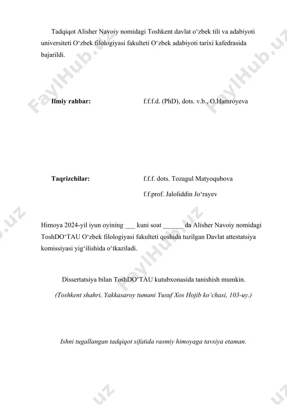 tshunoslarning poetikaga oid asarlarida tahlil etilgan qofiya nuqsonlariga oid qarashlari qiyosiy tadqiq etindi. “al-mo‘jam”, “funun ul-balog‘a” va “badoye us-sanoye’” asarlarida keltirilga qofiya ayblari tahlilga tortilib, ilmiy-nazariy xulosalar chiqarildi. qofiya ayblari nuqson sifatida emas, badiiy san’at sifatida qaralgani qiyosiy tadqiq jarayonida tahlil etildi. dissertatsiyada muammoning quyidagi jihatlarini yangilik sifatida qayd etish lozim: · qofiya nuqsonlari arabiy, forsiy va turkiy poetikada o‘zaro farqlangan; · mumtoz poetikaga oid tadqiqot xulosalari zamonlar osha o‘zgargan; · qofiya ayblari hozirda badiiy san’atga aylangan. o‘zbek va sharq mumtoz poetikasi, xususan, qofiya nazariyasiga oid qarashlar ilmiy muomalaga kiritilgan va mavjud manbalar haqidagi nazariy xulosa va tavsiyalardan poetika, mumtoz qofiya nuqsonlariga oid ilmiy-tadqiqot ishlarini rivojlantirishda, mavzuga doir tadqiqot va monografiyalar yaratish, adabiy aloqalar va adabiy ta’sir masalalarini o‘rganishda ilmiy nazariy manba bo‘lib xizmat qilishi mumkinligi bilan izohlandi. ilmiy rahbar: magistr: f.f.d., dots. o.hamroyeva turdiboyeva ziyodaxon abdumutal qizi ministry of higher and secondary specialized education of the republic of uzbekistan …