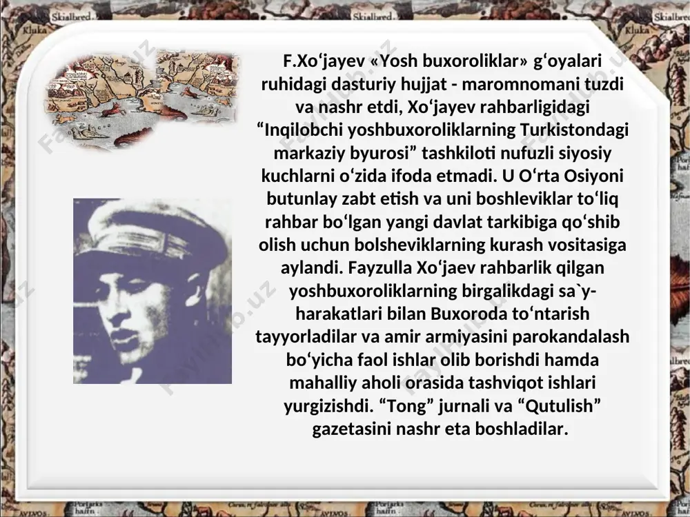 ilish materiallari, kerosin, neft, temir mollar, qog‘oz, daftar, gugurt, kalishlar olib kelindi. 1924-yil may oyida f.xo‘jayev aholining turmush darajasi pasayganini e’tirof etdi. f.xo‘jayev boshliq buxoro xalq respublikasi hukumati qo‘rboshilar bilan yashi­rin aloqa o‘rnatib, muzokara asosida tinchlik yo‘li bilan murosa qilishga intildi. afsuski, f. xo‘jayev boshchiligidagi buxoro hukumati tarkibidagi milliy vatanparvar kuchlar (sobiq yosh buxorolik jadidlar) bilan muxolifatdagi qurolli guruhlar yo‘lboshchilari o‘rtasida kelishuv amalga oshmadi. bu totalitar rejim sharoitida amalga oshishi mumkin ham emas edi. xo‘jayev bxsrning mustaqil ichki va tashqi siyosat yuritishiga, iqtisodiy islohotlar o‘tkazish va demokratik erkinliklarni joriy qilishga alohida e’tibor qaratib, sovet rossiyasidan tashqari eron, turkiya, afg‘oniston, xitoy, ozarbayjon, xxsr, shuningdek, germaniya va yaponiya bilan diplomatik aloqalar o‘rnatgan. u talabalarni xorijga jo‘natib o‘qitishning tashabbuskorlaridan biri bo‘lgan.o‘zbekiston ssr inqilobiy qo‘mitasi (revkom) - muvaqqat ishchi-dehqon hukumati raisi (1924-yil noyabr -1925-yil fevral), o‘zssr xks raisi (1925-1937), sssr mik raislaridan biri. xo‘jayev o‘z faoliyati davomida o‘zbek xalqining iqtisodiy va madaniy ravnaqiga xizmat …