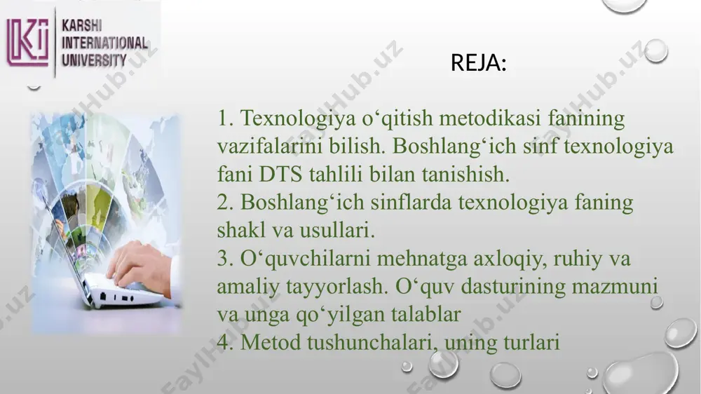 a kasblarni qadrlashga o’rgatish, ijtimoiy hayotda ularning ahamiyatini tushuntirish, kasb asoslari (texnologiyasi) haqida bilim hosil qilish hamda maktab davridan bolada kasbiy tayyorgarlikni shakllantirish texnologiya ta’limi o’qituvchilarning asosiy vazifasiga kiradi. texnologiya ta'limi va tarbiyasining asosiy vazifalari: 8 boshlang’ich sinflarda texnologiya fanining asosiy vazifalari mеhnatga axloqiy va psixologik tayyorlash o‘quvchilarni boshlang’ich politеxnik bilim bilan qurollantirish texnologiya faniga amaliy tayyorlash texnologik operatsiyalarining malaka va ko’nikmalari bilan qurollantirish o‘quvchilarni texnologiya fani jarayonida har tomonlama o’stirishni tarkib toptirish 1 2 4 5 3 1. qоg`оz vа kаrtоn bilаn ishlаsh. 2. gаzlаmа bilаn ishlаsh. 3. turli mаtеriаllar bilаn ishlаsh. 4. tехnik mоdеllаshtirish. 5. qishlоq хo`jаligi mеhnаti turlarini egаllаb оlishlaridan iboratdir. 2.reja mazkur shakllar o’quvchilarda mehnatning quyidagi bilim, malaka va ko’nikma hosil qilishga da’vat etadi : bitta darsning o’zida o’qitishning turli usullari qo’llanishi mumkin. 1.o`qituvchining intilishi, 2. xatti-harakati darsda o’quvchilarning diqqat-e’tiborlari susaymasligiga, 3.fikrlarining jamlangan bo’lishiga, ularning charchamasliklari. 4.zerikmasliklariga yo’llangan bo’lishi kerak. boshlang`ich sinfda mehnat shakli turli-tuman bo’lib, …