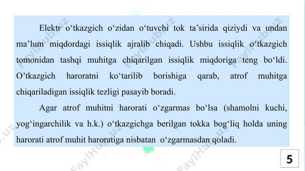 kerak. elektr ta’minoni 32 3. elektr tarmog‘idagi o‘tkazgich simlar va kabellarni qizish asosida tanlash hisobi elektr ta’minot tarmoqlaridagi o‘tkazgich simlar va kabellar, o‘chirish va hisoblash qurilmalaridagi tok turg‘unligi elemenetlari, ortiqcha yuklanganlik ostida ishlashdan himoyalash uskunalaridagi ijro mexanizmlari qizish talabiga asosan hisoblashni talab etadi. hisobni amalga oshirganda: elektr tarmog‘i qanday holatdagi muhitdan o‘tganligini; o‘tkazgich metallining ayni paytdagi haroratini; elektrosnabjenie 33 elektrosnabjenie 34 elektr ta’minoni 35 o‘tkazgich qanday metall materialdan yasalganligini; izolyatsiya qobig‘i tarkibini (qog‘oz, lak-mato, polietilen, polixlorvenil va h.k.); yotqizish turini (ochiq yoki polietilen, asbest quvurda, maxsus metall qobiq ichida (korob) izolyatsiyalangan sim yoki kabel holatida); o‘tkazilish tartibi (ochiq havoda, bino ichida, devor orsida, yopiq holda, quvurda, kabel kanalida, yerda)ni; kuchlanishning darajasi (0,22; 0,4; elektr ta’minoni 36 6; 10; 35 kv va h.k)ni bilish talab etiladi. o’tkazgichning yuqorida keltirilgan talablar asosida o‘tkazilishi o‘tkazgichdagi metallning yoki muhitning harorati o‘zgarishiga olib kelishi mukin. o’tkazgichdan o‘tuvchi ruxsat etilgan tok quyidagi formuladan topiladi: bu yerda: …