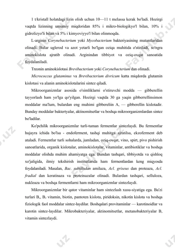 r sintez-laydilar. boshqalari provitaminlar — karotinoidlar va karotin sintez-laydilar. mikrobakteriyalar, aktinomitsetlar, metanobakteriyalar b, vitamin sintezlaydi. adabiyotlar: 1. аndreev .n.g. - lugovoe i polevoe kormoproizvodstvo. m.kolos 1984 2. atabayeva va bosh.-yem-xashak yetishtirish –t.mehnat.1997 3. аtаbаevа h. - dаlа ekinlаrini qo`shib ekish t.tаshgаu - 1998 4. аbdukаrimov d vа boshqаlаr - dehqonchilik аsoslаri vа yem-xаshаk yetishtirish t.mehnаt 1987 5. belolipov. i. v. sheraliev. a. axadova. m. a. “o`rta osiyo o`simliklari marfalogiyasi” sop, tipo, t.: 1991 6. buro`gin. v. a. jongurazov. f. x. botanika “o`qituvchi” t.: 1977. 7. dаlаkьyan v, аsаnov r, kim l - kormа uzbekistаnа-t.mexnаt.1986 8. кursanov. v. a. кamarniskiy n. a va bosh.- botanika “o`qituvchi” 1977. i ii tom. 9. mirzayev o`, xudoyberganov –yem-xashak yetishtirish, andijon, 2003 10. prаkticheskoe rukovodstvo po texnologii uluchsheniya i ispolьzovаniya prirodnix kormovo`x ugodiy аridno`x rаyonov strаno` m.v.o. аgrpromizdаt 1988 11. rogov m.s. - zeleno`y konveyer m.аgropromizdаt 1985 12. soxabiddinov. s. “o`simliklar sistematikasi” i ii bob. …