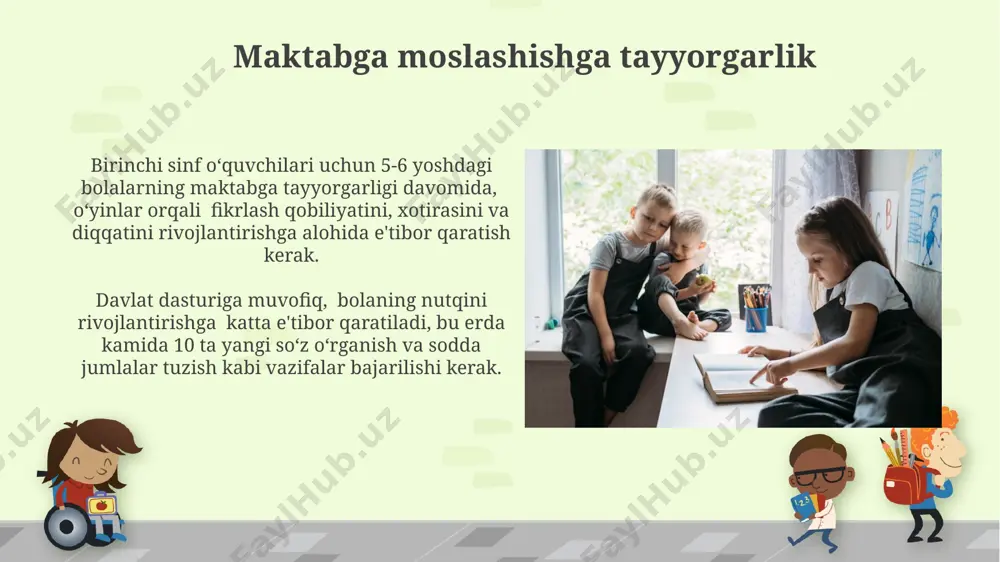 ko'nikmalarini rivojlantirishda 3-5 yoshli bolalarga kundalik vazifalarni, masalan, kiyimlarini o'zlari kiyish va echishni, o'yinchoqlarini yig'ishtirishni o'rgatish muhim ahamiyatga ega. ota-onalar uchun tavsiyalar bolani maktabga tayyorlashda, uning ijtimoiy-emotsional rivojlanishiga e'tibor bering. 5 yoshga to'lgan bola mustaqil ravishda kiyinishi, ovqatlanishi va o'z narsalarini yig'ishtirishi kerak. maktabga tayyorgarlik jarayonida bolangiz bilan muntazam ravishda suhbatlar o'tkazing. kuniga kamida 2-3 marta unga maktab haqida savollar bering va uning his-tuyg'ularini tinglang. bu uning ishonchini oshiradi. til va nutq rivojlanishiga oid mashg'ulotlar mashg’ulotlar davomida bolalarga 20-30 ta so’z va iboralarni o’zlashtirish, sodda gaplar tuzish va hikoya qilish ko’nikmalari o’rgatiladi, bu leksik zahirani boyitadi. til va nutq rivojlanishiga oid mashg’ulotlar, bolaning grammatik tuzilmalarni tushunishini va sodda grammatik qoidalarni qo’llashini o’rgatish uchun, kamida 10 ta mashqlarni o’z ichiga oladi. mantiqiy fikrlashni rivojlantirish mantiqiy zanjirlarni tuzish, masalan, 3 ta rasmni ketma-ketlikda joylashtirish yoki 4 ta voqeani xronologik tartibda joylashtirish, bolaning mantiqiy fikrlash qobiliyatini sezilarli darajada yaxshilaydi. bolalarda mantiqiy fikrlashni rivojlantirishda …