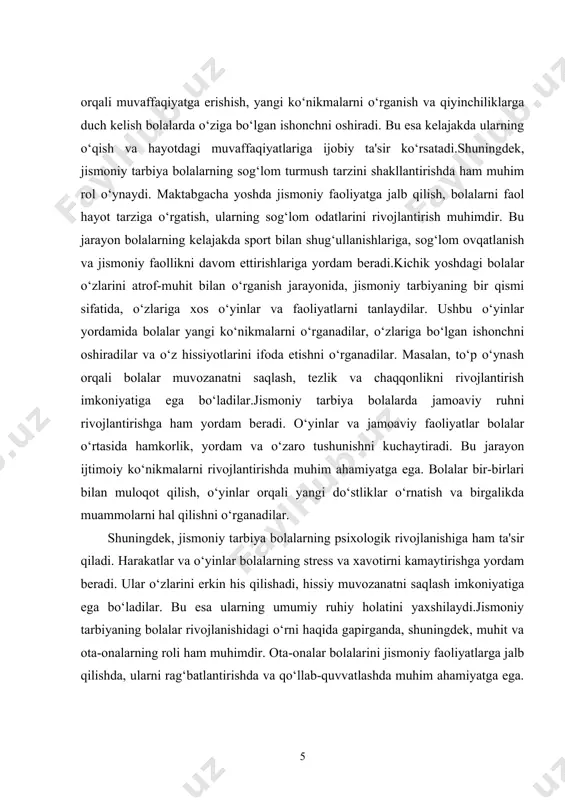 a ijtimoiy munosabatlarni mustahkamlashga xizmat qiladi. shuning uchun, jismoniy tarbiyaning ahamiyatini e'tiborsiz qoldirmaslik, bolalarning sog‘lom va baxtli rivojlanishiga hissa qo‘shish muhimdir. jismoniy tarbiya jarayonida harakatli o‘yinlar muhim o‘rin tutadi. harakatli o‘yinlar orqali bolalar nafaqat jismoniy rivojlanadi, balki ijtimoiy ko‘nikmalarni ham egallaydilar. ular jamoaviy ishlashni o‘rganadilar, qoida va tartiblarga rioya qilishni tushunadilar, shuningdek, raqobat muhitida o‘zlarini qanday tutish kerakligini anglab yetadilar. bunday o‘yinlar bolalarning muloqot qobiliyatlarini rivojlantiradi va ularning psixologik barqarorligini mustahkamlaydi.shuningdek, jismoniy tarbiya bolalarning asab tizimining rivojlanishiga ham katta ta’sir ko‘rsatadi. doimiy jismoniy mashqlar va harakatlar orqali bolaning nerv tizimi mustahkamlanadi, ularning diqqat-e’tibori va xotirasi yaxshilanadi. maktabgacha yoshdagi bolalar uchun jismoniy faollik yetishmovchiligi diqqat yetishmovchiligi sindromi va boshqa psixologik muammolarga olib kelishi mumkin. shu bois, bolalar kundalik hayotlarida yetarlicha harakat qilishlari muhimdir.jismoniy tarbiyaning maktabgacha yoshdagi bolalar rivojlanishidagi o‘rni haqida yozish juda muhim. maktabgacha yoshdagi bolalar uchun jismoniy tarbiya nafaqat sog‘lom hayot tarzini rivojlantirish, balki ularning umumiy rivojlanishiga ham katta ta'sir …
