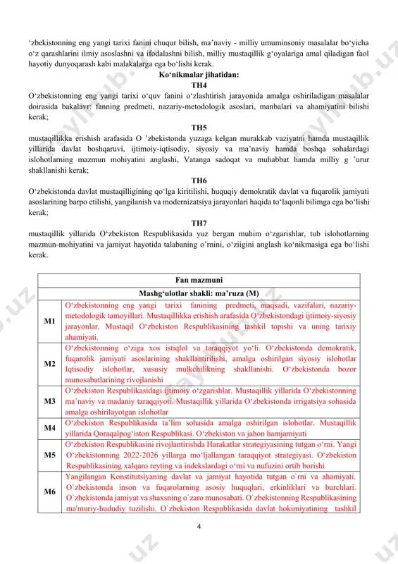 n hamjamiyati yangilanayotgan o‘zbekiston: milliy tiklanishdan – milliy yuksalish sari. o‘zbekiston respublikasi uchun ustuvor boʻlgan xalqaro reyting va indekslar boʻyicha samaradorlikning eng muhim koʻrsatkichlarini oshirish borasida olib borilayotgan chora-tadbirlar. a4 yangilangan konstitutsiyaning davlat va jamiyat hayotida tutgan o`rni va ahamiyati. o`zbеkistonda inson va fuqarolarning asosiy huquqlari, erkinliklari va burchlari. o`zbekistonda jamiyat va shaxsning o`zaro munosabati. o`zbеkistonning respublikasining ma'muriy-hududiy tuzilishi. o`zbеkiston rеspublikasida davlat hokimiyatining tashkil etilishi. mustaqil ta’lim (mt) 1 o‘zbekistonda ijtimoiy sohada amalga oshirilayotgan oʻzgarishlar mazmun va mohiyati. 8 soat 2 mustaqillik yillarida davlat boshqaruvi tizimida amalga oshirilgan islohotlar. 8 soat 3 yuksak ma’naviyatli yoshlarni tarbiyalashda oʻrta osiyo allomalari ilmiy merosining oʻrni (allomalarning ilmiy faoliyati misolida). 8 soat 4 o‘zbekiston respublikasida ommaviy axborot vositalarining faoliyati (oʻzgarish va muammolar) 8 soat 5 qishloq xo‘jaligi va sanoat sohasidagi oʻzgarishlar. 8 soat 6 o‘zbekistonda inson huquqlari va erkinliklari kafolatining yaratilishi. milliy xavfsizlikni ta’minlash borasida amalga oshirilayotgan ishlar. 8 soat 7 o‘zbekistonni xalqaro reytinglardagi …