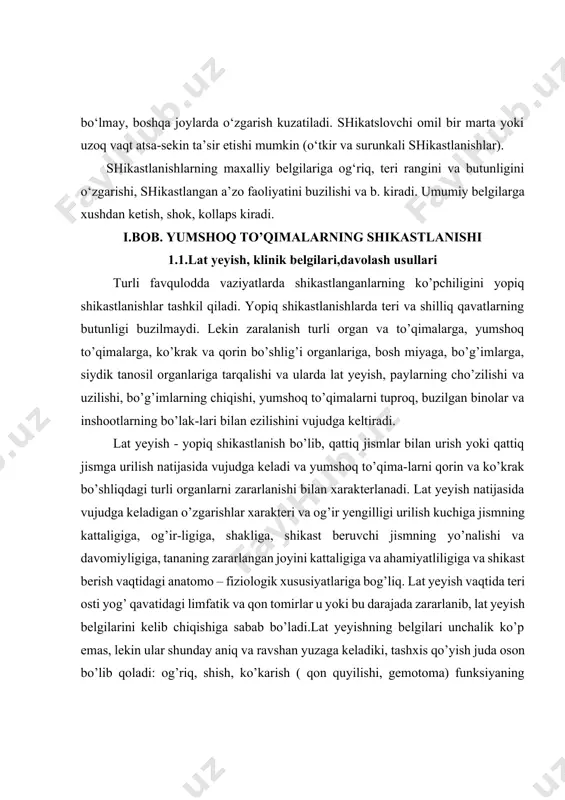 si va nerv va qon tomirlari bilan ta’minlanganligiga bog’liq. ba’zan kuchli og’riqlar travmatik shokka olib kelishi mumkin (oyoq yoki qo’lning yumshoq to’qimalarini ezilishi, qorinni lat yeyishi, yirik nerv tolalarining yopiq shikastlanishi) og’riqning xarakteri organizmning og’riqqa shaxsiy moyilligiga ham bog’liq. shish - yumshoq to’qimalarga qonning shimilishi va aseptik yallig’lanish natijasida ro’y beradi. shishning kattaligi yog’ qavatini kattaligiga bog’liq: yog’ qavati qancha katta bo’lsa shish ham katta bo’ladi. qon quyilish va ko’karish - qon tomirlarining urilish zahoti yoki bir necha soat keyin uzilishi natijasida ro’y beradi. uning kattaligi uzilgan tomirning kalibiriga, qonning ivishiga, teri osti yog’ qavatiga bog’liq. teri qavatlari dastlab to’q ko’kimtir rangga, keyinchalik gemoglabinni parchalanishi natijasida yashil va sariq rangga kiradi. funksiyaning buzilishi dastlab organizmning shikastlanishga qarshi himoya reaksiyasi bo’lib hisoblanadi va uni lat yeyish joyiga, shikastlangan odamni og’riqqa bo’lgan reaksiyasiga va shikastlanish natijasida ro’y bergan o’zgarishlar xarakteriga bog’liq. organning funksiyasini buzilishi uning to’qimala-rida qon va limfaning shimilishi natijasida ro’y …