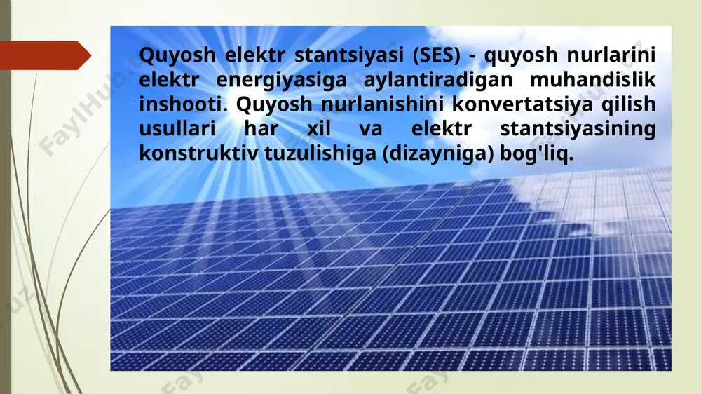 rda suyuq tuzlar, jumladan, 60% natriy nitrat va 40% kaliy nitrat birikmasidan foydalaniladi. bu tuzlar suvga qaraganda yuqori issiqlik quvvatiga ega, shuning uchun bu issiqlik energiyasining bir qismi turbinalarni harakatga keltiradigan suvni qaynatish uchun ishlatishdan oldin saqlanishi mumkin. bu yuqori ish harorati ham yuqori samaradorlikni ta'minlaydi va bulutli kunlarda ham bir oz quvvat ishlab chiqarilishini anglatadi. bu quyosh minoralari har qanday energiyani saqlash moslamasi bilan birgalikda kuniga 24 soat ishonchli energiya ishlab chiqarishi mumkinligini anglatadi. tarelkali (paraboloid) qes asos sifatida, ushbu turdagi elektr stantsiyalari minoralarga o'xshaydi, ammo ular tuzilish jihatidan farq qiladi. u alohida modullardan foydalanadi, ularning har biri elektr energiyasini ishlab chiqaradi. modul ham reflektor, ham qabul qiluvchini o'z ichiga oladi. tayanchga reflektorni tashkil etuvchi ko'zgularning parabolik birikmasi o'rnatilgan. qabul qilgich taxminan aks ettirilgan quyosh nuri kontsentratsiyasi hududida joylashgan. reflektor fermada radial tarzda joylashtirilgan plastinka shaklidagi nometalllardan (shuning uchun nomi) iborat. ushbu nometalllarning diametri 2 metrga etadi va ko'zgular …