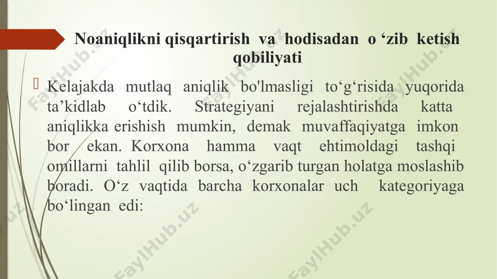 zi xohlagan strategiyani tanlay olmaydi. uning xarakatlari konun siyosati, ijtimoiy tartibot va jamiyat mavqei bilan chegaralanadi. таshqi omillar ijtimoiy, siyosiy sharoitlar va qonunchilik таrmoqning jozibadorligi, raqobat shartlari коmpaniya uchun imkoniyatlar va havf-xatarlar коmpaniyaning strategik vaziyati ayrim omillarning muhimligi va uning strategiyasiga ta’sir i haqida xulosa strategik tashabbuslarni identifikatsiyalash va bahilash vaziyatga mos strategiyani aniqlash ichki omillar kompaniyaning kuchli va zaif tomonlari shaxsiy nafsoniyat biznes falsafasi ahloqiy tamoyillar aksiyalarning qiymati va kompaniyaning madaniyati kompaniya strategiyasini belgilovchi omillar strategiyani ijtimoiy talablarga moslashtirish quyidagilarni nazarda tutadi: jamiyat manfaatlari va odob me’yorlari doirasida ishchanlik ko‘rsatish; ijtimoiy afzalliklar va jamiyat extiyojlariga ijobiy karab, o‘z faoliyatini tartibga solish; tartibga soluvchi me’yorlar bilan ziddiyatga bormaslik uchun zarur xarakatlarni o‘z vaktida amalga oshirish; xissadorlar va jamiyat manfaatlari o‘rtasida muvozanatni saqlash; strategiyani belgilashga katta ta’sir ko‘rsatadi. kompaniya strategiyasini ilgari shug‘ullanilmagan sohaga asoslab ko‘rish mutlako yaramaydi. strategiya kompaniyaning yaxshi anglangan sohasiga qurilishi lozim strategiyada xisobga olinishi lozim bo‘lgan va aslida …