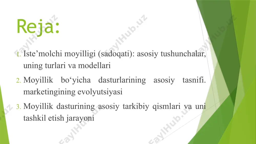 yg‘usi vujudga keladi (kelgusi sotib olishga qaror, reja). amaliy (action) bosqich – mijoz haqiqatan ham brendga sodiq bo‘lib, doimiy tarzda sotib olishni amalga oshiradi va brendni targ‘ib qiladi. dick va basu mоdеli dick va basu (1994) sadoqаtni ikki asosiy o‘lchov bo‘yicha baholashni taklif qilgan: xulq-atvor darajasi (muntazam sotib olish, qayta murojaat qilish chastotasi), munosabat darajasi (brendga, mahsulotga, kоmpaniyaga bo‘lgan ishonch va hissiy munosabat). bu model bo‘yicha yuqori xulq-atvor + yuqori munosabat darajasi – ideal sodiq mijozlarni, boshqa kombinatsiyalar esa nisbatan pastroq sodiqlikni ko‘rsatadi. 3.3. net promoter score (nps) ko‘rsatkichi bu model an’anaviy tushunchaga to‘la mos kelmasa ham, sodiqlikni o‘lchashda eng ko‘p qo‘llanuvchi amaliy vositalardan biri sanaladi. mijozlardan “brendni (yoki kоmpаniyani) tanish-bilishlaringizga tavsiya qilasizmi?” deb so‘raladi. javobchilar 0 dan 10 gacha ball berishadi. 9–10 ball – targ‘ibotchilar (promoters), 7–8 ball – betaraflar (passives), 0–6 ball – tanqidchilar (detractors) hisoblanadi. ushbu ko‘rsatkich qancha yuqori bo‘lsa, sodiqlik darajasi ham shuncha yuqori bo‘ladi, degan …