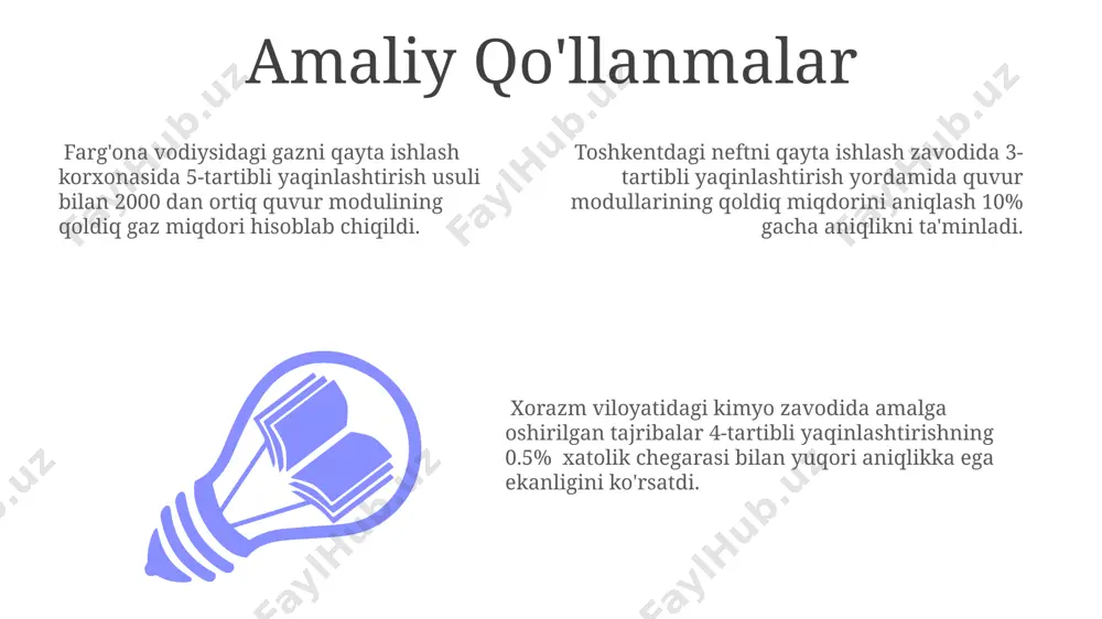 ng qoldiqlarini aniqlashda 3-tartibli yaqinlashuvlar samarqanddagi 15 ta namunada o'rtacha 0,05% xatolikni ko'rsatdi. farg'ona viloyatidagi simulyatsiyalar shuni ko'rsatdiki, 2- va 5-tartibli yaqinlashuvlar o'rtasidagi farq 1000 ta modul uchun 0.003% ni tashkil etadi. elementlarning chekli metodi echmda, yuqori tartibli approximatsiyalarni qo'llash, masalan, 4-tartibli elementlarni ishlatish, aniqlikni 2-3 marta oshirishi va shu bilan birga hisoblash hajmini 1,5-2 barobar kamaytirishi mumkin. chegaraviy shartlarni aniq qo'llash uchun, echmda, 3-o'lchovli muammolar uchun, chegaralarning nosimmetrikligi va geometriyasini hisobga olgan holda, kamida 10000 ta element kerak bo'lishi mumkin. elementlarning chekli metodi (echm) yordamida 2d muammolarni 1000 dan ortiq tugunlar bilan modellashtirishda, hisoblash vaqti 5 soatdan oshishi mumkin, bu esa toshkentdagi katta kompyuter klasterlarini talab qilishi mumkin. runge-kutta usullari runge-kutta usullari 4-tartibli va undan yuqori tartibli differentsial tenglamalarni 3-tartibli aniqlik bilan yechish imkonini beradi, bu esa aniqlikni oshirish va xatolikni kamaytirishga yordam beradi, masalan, o'zbekistonning tog'li hududlarida gidrologik modellashtirishda qo'llaniladi. runge-kutta usullarining bir necha turli versiyalari mavjud bo'lib, …