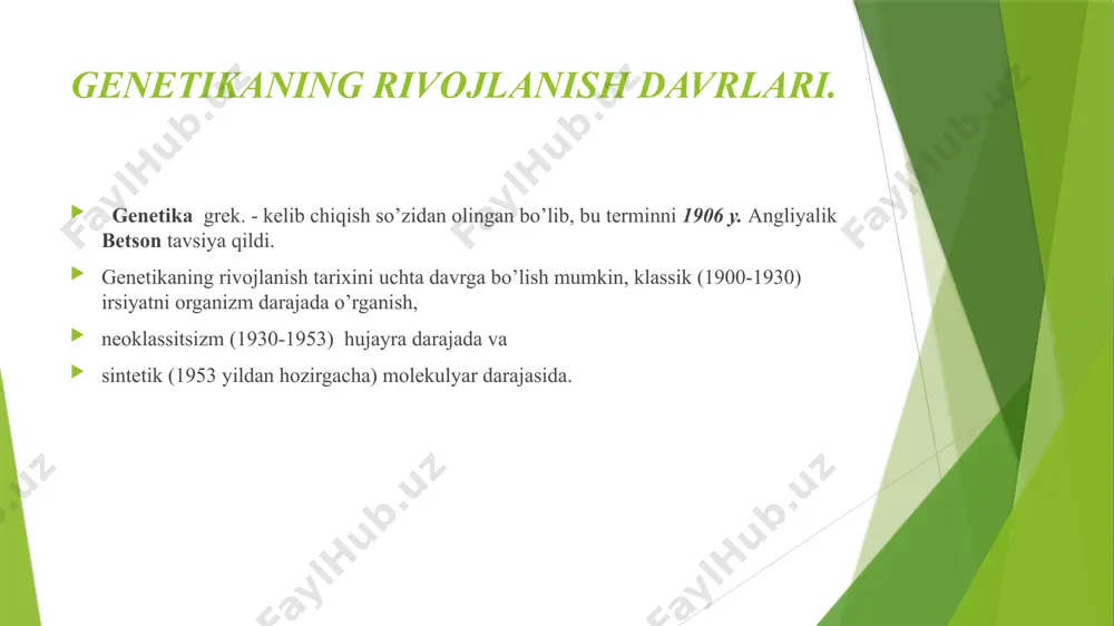 r. n.k.kolsov fikricha, irsiy axborotni o’zida saqlovchi va uni yuzaga chiqaruvchi omil oqsildan iborat. lekin hozirda bizda irsiy omil (gen) oqsildan emas, balki dnk dan tuzilgani ma’lum bo’ldi. shunga qaramasdan, n.k.kolsovning fikri juda katta ahamiyatga ega. bu davrdagi gen bo’linmas degan tushuncha hukm surar edi. bu masala bilan qiziqqan a.s.serebrovskiy (1929) drozofila pashshasiga rentgen nurini ta’sir ettirib bosqichli allelizm hodisasini kuzatdi va genning mayda qismlaridan iboratligini, ya’ni genning bo’linishi mumkinligini isbotladi. 1940 yillarga kelib g.bidl va ye.tatum gen ishtirokida fermentning sintez qilinishini, ferment ta’sirida esa belgini yuzaga chiqishini (bitta gen- bitta ferment) ko’rsatdilar. 1944 yil amerikalik mikrobiolog olim o.everi rokfeller institutida irsiyatning moddiy asosi oqsil bo’lmasdan dnk molekulasi ekanlingini isbotlab berdi. 1952 yili xershi va cheyz bakteriyaga virus tushganda virusning faqat dnk molekulasi bakteriya hujayrasiga kirishini aniqladilar. rossiyada tibbiyot genetikasini rivojiga s.n.davidenko birinchilardan bo’lib tibbiy –genetik maslahatga (konsultatsiya) katta e’tibor berdi, genetikaninig turli usullari yordamida irsiy kasalliklarni o’rgandi. shunday qilib, …
