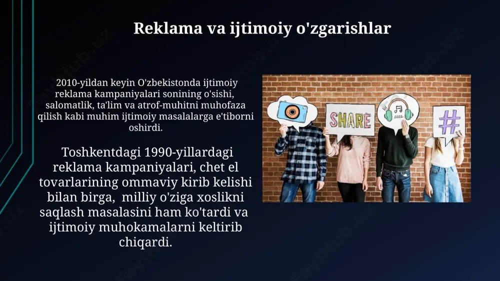 dqiqotlarga ko'ra, o'zbekistonning 70% aholisining kundalik hayot tarziga ta'sir ko'rsatib, yangi ijtimoiy normalarni shakllantirishda muhim rol o'ynaydi. televizion reklamalarning 85%i, toshkent shahrida o'tkazilgan sotsiologik so'rovlar natijalariga ko'ra, odamlarning go'zallik, muvaffaqiyat va boylik kabi tushunchalar haqidagi tasavvurlariga ta'sir ko'rsatadi. reklama va ijtimoiy javobgarlik toshkent shahridagi 3 ta yirik reklama agentliklari 2023-yilda ijtimoiy muammolarga qaratilgan loyihalarga 10% dan ortiq byudjet ajratish majburiyatini oldi, bu esa ijtimoiy javobgarlikning yuksalishiga olib keldi. samarqand viloyatida o‘tkazilgan tadqiqotlar shuni ko‘rsatdiki, ijtimoiy javobgarlikka ega bo‘lgan reklamalar, oddiy reklamalarga nisbatan 15% ga yuqori darajada ishonch va ijobiy munosabatni keltirib chiqaradi. reklama va iste'mol madaniyati o'zbekiston televideniesidagi reklama bloklari sonining 2015-yildan 2023-yilgacha 2,5 barobar o'sishi, milliy madaniyat bilan global iste'mol madaniyatining integratsiyasini va shu bilan birga, turli xil ijtimoiy ta'sirlarni ko'rsatadi. reklama, 2000-yillardan boshlab o'zbekistonda ommaviy axborot vositalarining 70% dan ortig'ini egallab, iste'mol madaniyatining shakllanishiga katta ta'sir ko'rsatdi, ayniqsa, toshkent va samarqand kabi yirik shaharlarda. reklama va gender stereotiplari …