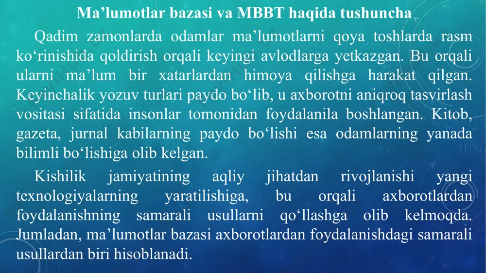 motlar jamlanadi. bundan o‘qituvchilar yoki ota-onalar talabalar haqida kerakli ma’lumotlarni olishda foydalanadi. shuningdek, banklar kompyuterlarida mijozlar haqidagi ma’lumotlar bazasini ko‘rish mumkin. telegram, facebook, twitter, skype kabi tarmoqlar foydalanuvchilar ma’lumotlarini o‘z ma’lumotlar bazasida saqlaydi. davlat esa fuqarolarining barmoq izlariga asoslangan ma’lumotlar bazasiga ega va uni doimiy yangilab boradi. har bir shaxs ma’lumotlar bazasi bilan bog‘liq jarayonlarda faol ishtirok etadi. shunday ekan, ma’lumotlar bazasi haqida atroﬂicha bilim va ko‘nikmaga ega bo‘lishimiz lozim. ma’lumotlar bazasi axborotlarni to‘plashning boshqa usullariga nisbatan bir qancha afzalliklarga ega: ma’lumotlar bazasi ma’lumotlar takrorlanishining oldini oladi; foydalanuvchilar uchun ma’lumotlar bazasida o‘zaro ma’lumot almashish oson kechadi; ma’lumotlar bazasida ma’lumotlar aniq va izchil joylashgan; ma’lumotlar bazasi ma’lumotlar xavfsizligini ta’minlaydi, chunki ma’lumotlar bazasiga faqat vakolatli foydalanuvchilargina kirish huquqiga ega, ularning identifkatorlari foydalanuvchi nomi va paroli yordamida tasdiqlanadi; ma’lumotlar bazasida ma’lumotlarning maxfiyligi ta’minlanadi. shu sababli ham davlat va nodavlat tashkilotlari, biznes egalari kerakli ma’lumotlarni, asosan, ma’lumotlar bazasi ko‘rinishida saqlaydi. ma’lumotlar bazasini boshqarish tizimi …