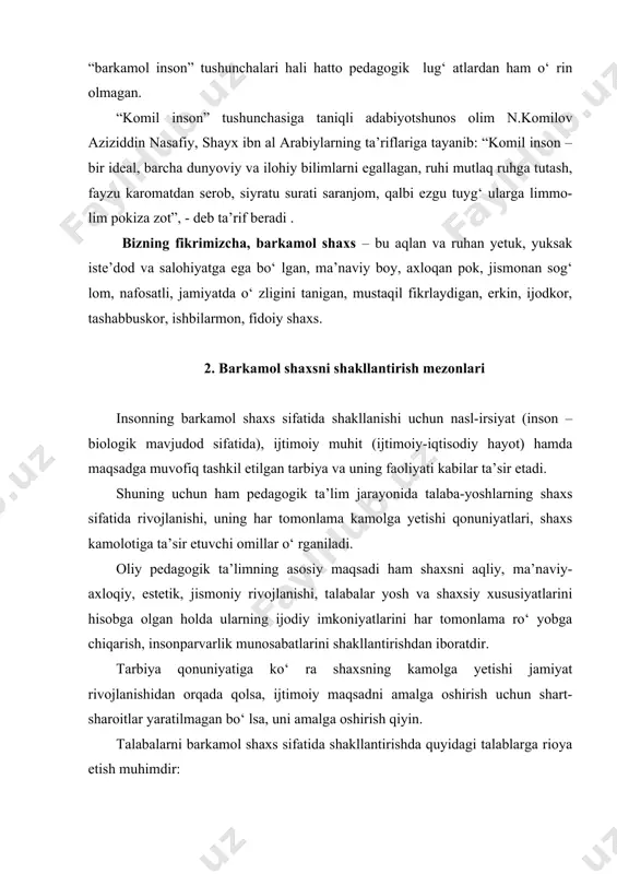 a qonuniyatiga ko‘ ra shaxsning kamolga yetishi jamiyat rivojlanishidan orqada qolsa, ijtimoiy maqsadni amalga oshirish uchun shart-sharoitlar yaratilmagan bo‘ lsa, uni amalga oshirish qiyin. talabalarni barkamol shaxs sifatida shakllantirishda quyidagi talablarga rioya etish muhimdir: - yoshlarning bilimlarni o‘ zlashtirishga bo‘ lgan qiziqishlari va qobiliyatlarini rivojlantirish; - ta’lim jarayonida talabalar faoliyatini pedagogik jihatdan to‘ g‘ ri tashkil etish; - talaba-yoshlarning har biriga individual yoshdashish; - pedagogik nazokatni shakllantirish; - kasb-hunarga tayyorlash; - noqulay vaziyatlardan to‘ g‘ ri yo‘ l topib chiqib keta olish qobiliyatiga ega bo‘ lishlariga erishish; - ijtimoiy faollik, fuqarolik rolini shakllantirish va hokazolar. yuqoridagi talablarni amalga oshirishda barkamol shahsni shakllantirishga hizmat qiluvchi quyidagi mezonlar asos bo‘ lib xizmat qiladi. barkamol shaxsni shakllantirish mezonlar: - shaxsni aqliy, ma’naviy-axloqiy, hissiy-estetik, jismoniy rivojlantirish; - ijodiy imkoniyatlarini namoyon etishga yo‘ llash; - insonparvarlik munosabatlarini shakllantirish; - yosh xususiyatlarini hisobga olgan holda shaxsning individual o‘ ziga xosligini namoyon etishga sharoit yaratish; - fuqarolik …