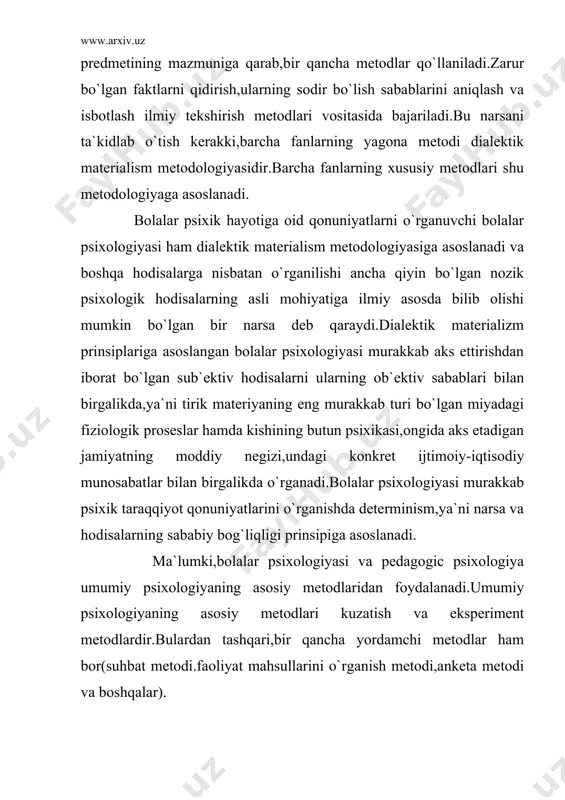 ayyan ko`nikma,odat,qat`iy xususiyatlar kabilarning shakllanishi bilan yakunlanadi.bola psixikasi rivojlanishining eng umumiy qonuniyatlariga,birinchidan izchillik integratsiyasini, ya`ni bolaning dastlabki tarqoq psixik holatlarini shaxsning barqaror psixik xislatlariga,muayyan hodisalarga nisbatan ayrim-ayrim qarashlarni yaxlit dunyoqarashga birlashtirish;ikkinchidan,bola shaxsidagi ayrim proseslar,funksiyalar va xislatlarning notekis rivojlanishining;uchinchidan,ba`zi funksiyalar kamchiliklarni boshqa funksiyalar bilan tp`ldirilishini(kompensatsiya) ta`minlovchi plastikliknikiritish mumkin.bola psixikasining integratsiyasi,masalan,alohida predmet va hodisalarni to`liq idrok qilish asosida kuzatuvchanlikning,ayrim mehnat topshiriqlarini mehr-muhabbat bilan bajarish asosida mehnatsevarlikning shakllanishiga yaqqol namoyon bo`ladi. psixika rivojlanishining notekisligi hayotning hamma davrlarida sodir bo`lish mumkin.masalan,maktabgacha yoshda ayniqsa nutq,o`smirlik yoshida bilishga qiziqish,ilk yigitlik yoshlarda mantiqiy (logik) tafakkur va hokazolar jadallik bilan rivojlana boradi.qator psixologlar aniqlashiga ko`ra,bola psixikasi rivojlanishida asosiy ichki harakatlantiruvchi kuchlar avvalo quyidagilar hisoblanadi: eski,ya`ni allaqachonlar erishilgan imkoniyatlar bilan yangi ehtiyojlar o`rtasidagi ziddiyatlar; eski va yangi xulq shakllari o`rtasidagi ziddiyatlar; real hayotning mazmuni va uning bola ongida aks etish shakllari o`rtasidagi ziddiyat. sanab o`tilgan ziddiyatlar ustida qisqacha to`xtalib,misollar keltiraylik. endigina tug`ilgan bola yangi qo`zg`atkichlarga nisbatan orientirovka reaksiyalariga ega …