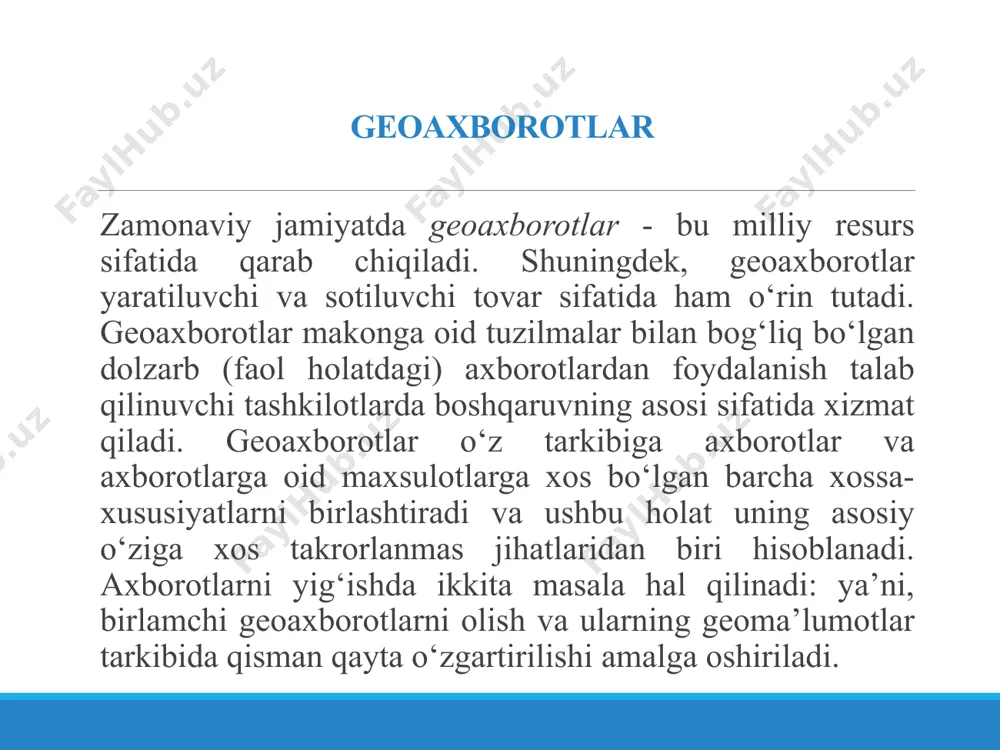 a’lumotlarning keng tarqalgan tarkibiy qismlari hisoblanadi. birlamchi ma’lumotlarni boshlang‘ich qayta ishlash mo‘ljallanilishi. geoaxborot tizimlari ma’lumotlari ko‘pligi turli xildagi texnik vositalar, turli xil texnologiyalar yordamida va turli xil sharoitlarda yig‘iladi. bu ma’lumotlar turli xil tavsiflar va xossalarni ifodalaydi. bu ma’lumotlar turli xil o‘lchamga ega bo‘lib, mazmunni ifodalovchi raqamlar son miqdori turli xilda bo‘lishi va shuningdek, aniqlik darajasi va boshqa jihatlari turli xil qiymatlarga ega bo‘lishi mumkin. turli xildagi ma’lumotlar va modellarni birgalikda qayta ishlash uchun birlamchi tartibga tushirilishi va yagona ma’lumotlar tizimi sifatida qabul qilinuvchi shaklga keltirilishi talab qilinadi. birlamchi ma’lumotlarni boshlang‘ich qayta ishlash birlamchi qayta ishlash. birlamchi qayta ishlash davomida ma’lumotlarni tayyorlashning umumiy va maxsus vositalaridan foydalaniladi. qayta ishlashning umumiy vositalari. ma’lumotlarni tayyorlashda quyidagi vositalar umumiy tavsifga ega hisoblanishi mumkin: ma’lumotlarni filtratsiyalash. yuklangan (yoki birlamchi qayta ishlangan) ma’lumotlar yozuvlarning miqdoriga ko‘ra yoki foydalanuvchi tomonidan bajarilishi belgilangan vazifalar nuqtai nazaridan alohida maydonlar sohalarining tarkibiga ko‘ra ortiqcha bo‘lishi mumkin. ajratib olingan belgilar …