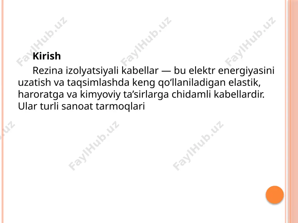 rli sharoitlarda keng qo‘llaniladi: qurilish: qurilish maydonlarida vaqtinchalik elektr tarmoqlari. zavod va fabrikalar: harakatdagi mexanizmlar, mashinalar. temir yo‘l transporti: vagonlar ichidagi harorat bardoshli kabellar. kimyo sanoati: kimyoviy moddalarga chidamli izolyatsiya tufayli. afzalliklari yuqori elastiklik — egilishi oson. harorat bardoshliligi. mexanik va kimyoviy ta’sirlarga chidamli. harakatdagi (mobil) ob'ektlar uchun ideal. kamchiliklari narxi nisbatan yuqoriroq. vaqt o‘tishi bilan rezina elastikligini yo‘qotishi mumkin. uzoq muddatli tashqi muhit ta’siriga doimiy duch kelsa, yorilishi mumkin. xulosa rezina izolyatsiyali kabellar yuqori ishonchlilik, elastiklik va universal qo‘llanilish imkoniyatlari bilan ajralib turadi. ular energiya tizimlarida, ayniqsa sanoat, qurilish va transport tarmoqlarida muhim o‘rin egallaydi. har qanday sharoitda foydalanishdan avval kabelning texnik xususiyatlari va qo‘llanish sohasiga mosligi albatta tekshirilishi lozim. image2.png image3.png image4.png /docprops/thumbnail.jpeg