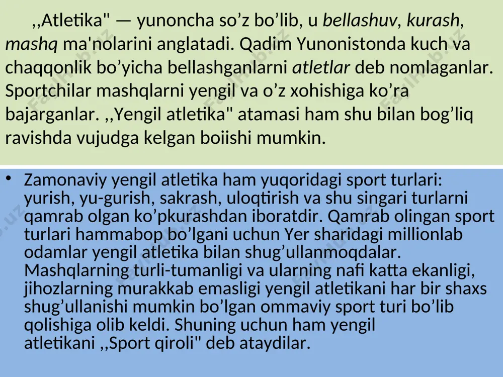llanish chog’ida qator qoidalarga rioya qilish zarur bo’ladi, bu kutilgan yaxshi natijalarga erishishga olib keladi. qoidaga ko’ra, avval 3 — 5 daqiqa asta yuguriladi, 6 — 8 marta umumiy mashqiar bajariladi, 30 — 50 m ga tezlik bilan 2 —- 3 qayta yuguriladi. bu harakatni aniq bajarish ko’nikmasini hosil qilishga yordam beradi. uzunlikka yoki balandlikka sakrash joyi quruq va tekis bo’lishiga ahamiyat beriladi. bunda yerga tushish joyida o’tkir, uchli narsalar bo’lmasligi lozim. balandlikka sak-rashni kuzatayotganda kuzatuvchi yugurish tomonida turadi, aks holda sakrash tayoqchasi uchib ketib, unga tegib ketishi mumkin. yugurish mashqini bajargandan so’ng darhol to’xtab yoki o’tirib olish mumkin emas. masalan, 100—-200 m uzoq masofaga yugurganda yaxshisi 10— 15 metrqadamlab yurish kerak. yugurish. reja: 1. tekis yugurish. 2.qisqa masofalarga yugurish. 3.uzoq masofalarga yugurish. 4.yugurishda startdan chiqish qoidalari. ko’hna yunoniston qoyatoshlaridan birida taxminan 2,5 ming yillar ilgari yozilgan quyidagi: ,,agar kuchli bo’lishni istasang — yugur, agar chiroyli boiishni ista-sang —yugur, agar …