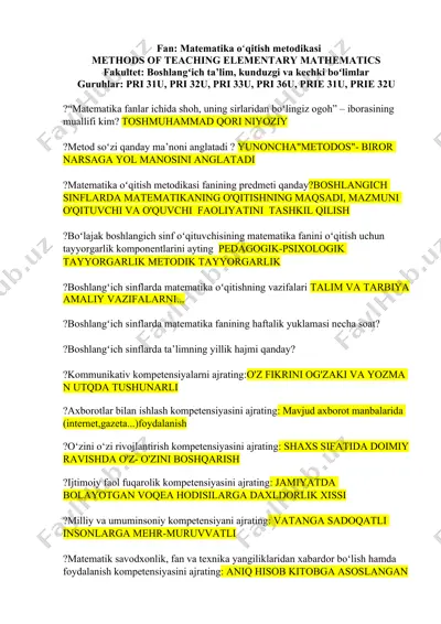fan: matematika oʻqitish metodikasi — DOC