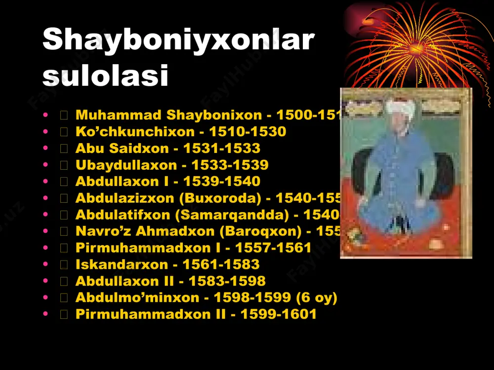 06-1825 􀂾 olloqulixon - 1825-1842 􀂾 rahimqulixon - 1842-1845 􀂾 muhammad aminxon - 1846-1855 􀂾 abdullaxon - 1855-1856 􀂾 sayid muhammadxon - 1856-1864 􀂾 muhammad rahimxon ii - 1864-1910 􀂾 asfandiyorxon - 1910-1918 􀂾 sayid abdullaxon - 1918-1920 xiva xonligi: iqtisodiy hayot:muhammad rahim i (1806-1825 yillar) davrida xonlikdagi o’zaro urushlar biroz tinchidi, xonlikni birlashtirish nihoyasiga etdi. qoraqalpoqlar hamda turkmanlarning chavdor qabilalari ham bo’ysundirildi. mamlakatda o’tkazilgan soliq islohoti, bojxona joriy etilishi, oltin pul zarb etilishi xo’jalik ishlariga o’zining ijobiy ta’sirini ko’rsatdi. o’z vaqtida yig’ib olingan soliqlar xonlik daromadini oshirdi. mamuriy boshqaruv:xonlikda eng nufuzli lavozim bosh vazir yoki qushbegi bo’lib, u soliqlarni to’plash va xonning topshiriqlarini bajarish bilan shug’ullangan.saroyda otaliq, rais, qozi kalon, shayxulislom, mirobboshi mirshabboshi,to’pchiboshi, yasovulboshi kabi amaldorlar xon xizmatida bo’lardi. devonbegi xon devonini boshqarardi. xazinachi xonlikning kirim va chiqim hamda sarfxarajatlarini yuritar, bu haqda xon yoki bosh vazirga hisob berar edi.xonlikdagi eng katta mansab va unvonlar inoq, otaliq, biy hisoblanardi. …