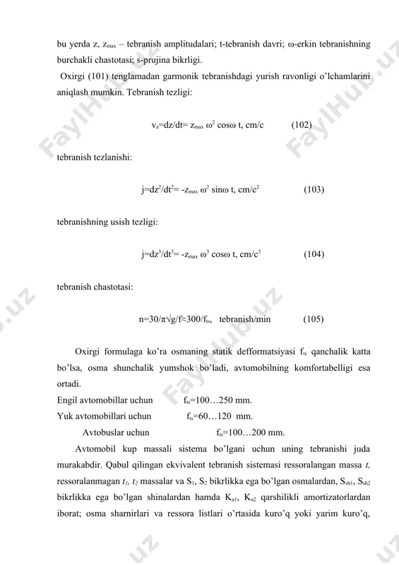 inchisi—vertikal yo’nalishdagi tebranish; ikkinchisi—kundalang y o’q atrofida vertikal tebranish. ikkala xil tebranishlar birgalikda avtomobilning kishi organizmiga tahsir etuvchi komfortli vaziyatni vujudga keltiradi. avtomobilning vertikal tebranishi yumshok osma va amortizator bilan kamaytiriladi. avtomobilning burchakli tebranishini esa osma konstro’qtsiyasini mo’qammallashtirish, avtomobilg’ massalarini bo’ylama o’q, bo’yicha to’g’ri taqsimlash xisobiga kamaytirish mumkin. ekspluatatsiyada uchraydigan faktorlaning avtomobilning yurish ravonligiga tahsiri. avtomobilg’ tebranishiga yo’lning notekisligi katta tahsir ko’rsatadi. asfalg’t-beton va tsement-beton yo’llarda balandligi 3...5 mm, uzunligi 8...10 m; balandligi 10...12 mm va uzunligi 5...8 m tulkinlar bor. yo’llar harakat intensivligi katta bo’lganda shunday tulkinsimon xolatga keladi va avtomobilning yurish ravonligini yomonlashtiradi. avtomobilg’ yurish qismining texnikaviy xolati yomonligi uning yurish ravonligiga tahsir etadi. agar ressora listlari orasida moy kam bo’lsa, ishqalanish kuchayib. tebranish chastotasi oshadi. ishqalanish kuchayganda kuzov kattik turtqilarni ham qabul kilib, uning tebranishi zurayadi. agar amortizator salg’nigi yomon bo’lsa, uning moyi sizadi va tebranishni sundirish xususiyati yo’qoladi. bunday amortnzatorli avtomobilg’ notekis yo’ldan utgandan keyin ham …