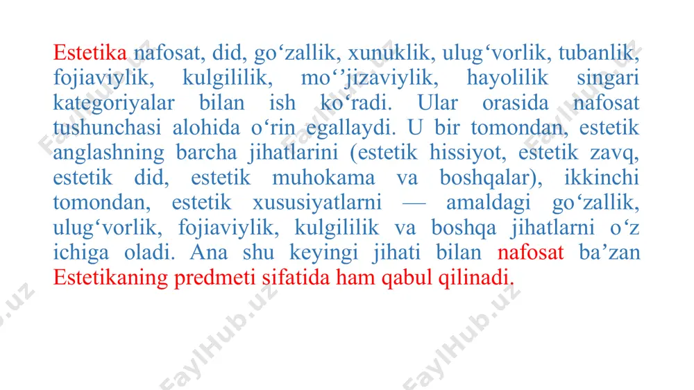 ega. rudakiy, firdavsiy, nizomiy, sa’diy, hofiz, umar xayyom kabi sharq mumtoz adabiyoti namoyandalari dostonlarida ham, xorazmiy, forohiy, abu ali ihn sino, beruniy, ibn rushd kabi allomalaming ilmiy asarlarida ham, yusuf xos hojib, ahmad yugnakiy, ahmad yassaviy, lutfiy, sakkokiy, atoiy, navoiy, bobur kabi ulug‘ shoirlar ijodida ham, zayniddin vosifiy, xondamir, davlatshoh samarqandiy kabi tarixchilarimizning tazkiralarida ham insonlaminggo'zal histuyg‘ulariga doir ko'pgina qimmatli fikrlar mavjud. kaykovusning «qobusnoma», yusuf xos hojibning «qutadg‘u bilig», ahmad yugnakiyning «hibat ul-haqoyiq», sa'diyning «guliston» va «bo‘ston», abdurahmon jomiyning «bahoriston», alisher navoiyning «mahbub ul-qulub» kabi asarlarida hayotning go'zalligidan zavqlanish, odamlar baxt-saodati yolida mehnat qilish fazilatlari ulug’lanadi. aristoteldan keyin rnag‘ribdan-mashriqqacha «ustodi soniy» («ikkinchi ustod») nomi bilan mashhurbuyuk alloma abu nasr forobiyning estetik qarashlari inson his-tuyg‘ularini o'rganish borasida alohida ahamiyatga egadir. u o‘zining «fozil odamlar shahri fuqarolarining qarashlari haqida kitob», «shaharni boshqarish», «yaxshi xulqlar», «baxt-saodatga erishish haqida» kabi asarlarida nafis hissiyotlarning paydo bo'lishini dunyoviy nuqtai nazardan turib talqin qilgan edi. san'at asarlarida …