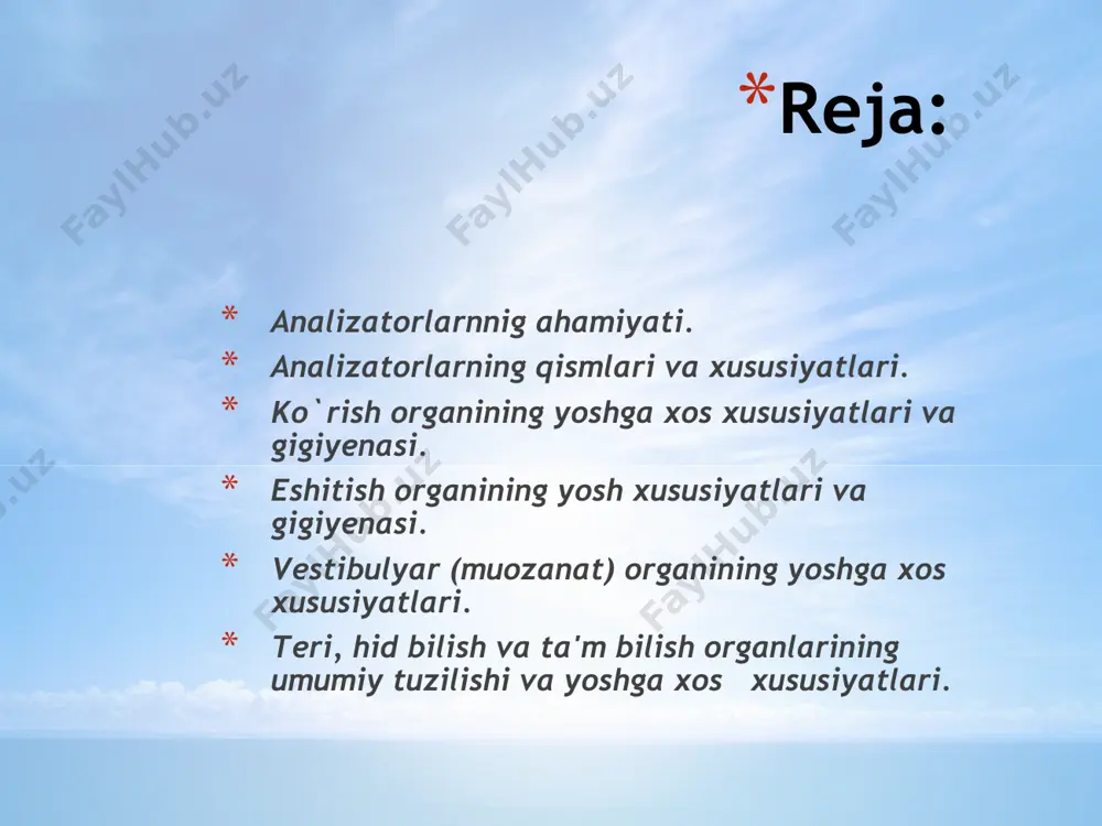 adi;rassomlik, me’morlik, haykaltaroshlik san’atlarining mahsulotlaridanbahramand bo’ladi, tabiat go’zalliklaridan zavqlanadi bosh miya po’stlog’i sezgi organlari markazlarining joylashuvi: 1-hid bilish markazi bosh miya po’stlog’i chekka qismining oldingiyuqori sohasida; 2-ko’rish markazi ensa sohasida; 3-eshitish markazibosh miya o’stlog’i chekka qismining pastki sohalarida; 4-ta’m bilishmarkazi bosh miya po’stlog’i chekka qismining yuqori va o’rta sohasida; 5-barmoq terisidagi paypaslash markazlari bosh miya po’stlog’i tepaqismining o’rta sohasida. ko’zning tuzilishi. ko’z bosh suyagining chuqurchasida — ko’z kosasida joylashgan. ko’z ko’z soqqasi, ko’rish nervi vayordamchi qismlar: ko’z soqqasini harakatlantiravchi muskullar va ularning nervlari, qovoq vakipriklar, yosh bezlari, qon tomirlari kabi-lardan tuzilgan. ko’z soqqasi tashqi va ichkiqismlardan iborat. tashqi qismi uch qavat: tashqi — fibroz, o’rta — qon tomir va ichki — to’rsimonpardalardan tashkil topgan. ichki qismiga ko’z ichi suyuqligi, ko’z gavhari va shishasimon tana kiradi. fibroz pardaning oldingi qismida shoh parda bo’ladi. ko’z soqqasi: 1—ko’z soqqasining oq pardasi; 2-ko’z soqqasining shoh pardasi; 3-ko’zning qon tomir pardasi; 4-ko’zning kamalak pardasi; 5-ko’zning …