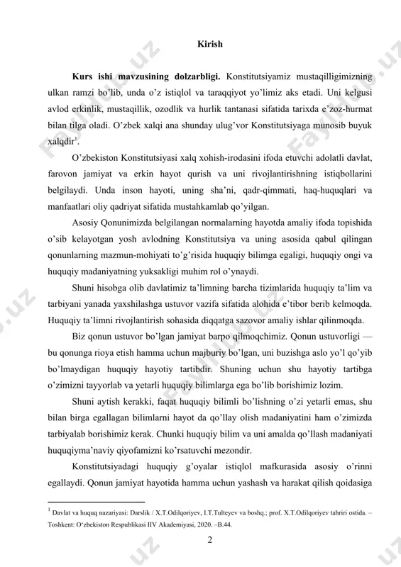rbiyani yanada yaxshilashga ustuvor vazifa sifatida alohida e’tibor berib kelmoqda. huquqiy ta’limni rivojlantirish sohasida diqqatga sazovor amaliy ishlar qilinmoqda. biz qonun ustuvor bo’lgan jamiyat barpo qilmoqchimiz. qonun ustuvorligi — bu qonunga rioya etish hamma uchun majburiy bo’lgan, uni buzishga aslo yo’l qo’yib bo’lmaydigan huquqiy hayotiy tartibdir. shuning uchun shu hayotiy tartibga o’zimizni tayyorlab va yetarli huquqiy bilimlarga ega bo’lib borishimiz lozim. shuni aytish kerakki, faqat huquqiy bilimli bo’lishning o’zi yetarli emas, shu bilan birga egallagan bilimlarni hayot da qo’llay olish madaniyatini ham o’zimizda tarbiyalab borishimiz kerak. chunki huquqiy bilim va uni amalda qo’llash madaniyati huquqiyma’naviy qiyofamizni ko’rsatuvchi mezondir. konstitutsiyadagi huquqiy g’oyalar istiqlol mafkurasida asosiy o’rinni egallaydi. qonun jamiyat hayotida hamma uchun yashash va harakat qilish qoidasiga aylanar ekan, qonunga nisbatan fuqarolarning munosabati qanday bo’lishi kerak? qonunga hurmat, e’tiqod-chi, degan qator savollar kelib chiqadi. konstitutsiyaning mazmun va mohiyatini o’rga nish, undagi ulug’vor g’oyalarni bilish, qonunga e’tibor va e’tiqod yuksak bo’lishini hayotning …
