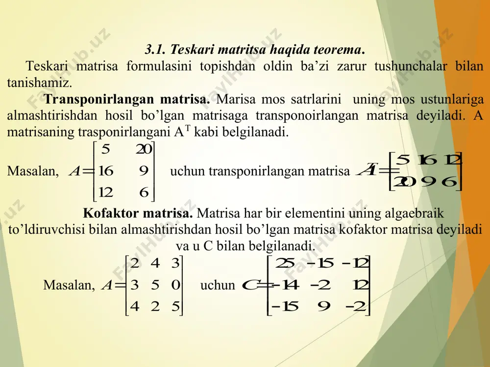 2333cccadjacccccc yuqoridagi misoldagi matrisa uchun kofaktor matrisa va biriktirilgan matrisa . teskari matrisa. xos bo’lmagan, ya’ni |a| determinant nol bo’lmagan, a matrisaning teskari matrisasi formula yordamida hisoblanadi.. misol. matrisaga teskari matrisa topilsin. yechish. bu matrisa uchun yuqoridagi misolda biriktirilgan matrisa topgan edik. bu matrisa determinantini hisoblaymiz 243350425a251512142121592c251415152912122tadjac1adjaaa243350425a1a shuning uchun, adja = bo’lgani uchun teskari matrisa quyidagi ko’rinishda bo’ladi bu matrisani hisoblash ko’p vaqt talab etadi, lekin siz bu usul asosiyligini bilishingiz kerak, elektron jadvalda hisoblashdan oldin. endi misol yordamida har bir etapni aniqlaylik. soddalik uchun 2x2 o’lchovli holni qaraylik. 3524305423536205101231452421052a251415152912122125141515290.480.270.29121220.290.040.17520.270.230.04adjaaa misol. matrisaga teskari matrisa toping. yechish. a matrisa to’rt elementli bo’lgani uchun, kofaktor matrisa bosh diagonal elementlari qarama-qarshi ishorali bo’ladi. bu matrrisaga kofaktor matrisa matrisa bo’ladi. bu matrisaga biriktirilgan matrisa adja = bo’ladi. bu matrisa determinanti . demak bu matrisaga teskari matrisa . 20562a1a25520c2552020256403010a1250.20.56200.6210adjaaa ta’rif. kvadrat matritsaga teskari matritsa deb, shunday matritsaga aytiladiki, uning uchun quyidagi tenglik o’rinli bo’lsin. ta’rif. …