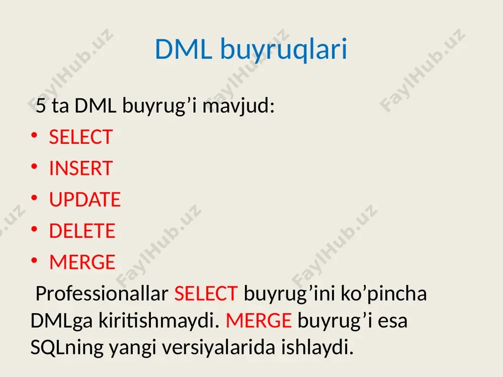 ll qiymati yoziladi. ma`lumotlarni kiritish agar jadvalni yaratishda ustun yoki atributga majburiy qiymat (not null) belgisi qo`yilgan bo`lsa, u holda insert operatorida joriy ustunning har bir satriga kiritiladigan qiymat ko`rsatilishi kerak. shuning uchun, agar jadvalning hamma ustuni majburiy qiymatli bo`lsa, u holda har bir yangi kiritladigan satrda barcha ustun uchun qiymat mavjud bo`lishi kerak va bunda ustunlar ro`yxatini ko`rsatish shart emas. aks holda jadvalda kamida bitta majburiy qiymatli bo`lmagan ustun bo`lsa, u holda albatta ustunlar ro`yxatini ko`rsatish shart bo`ladi. qiymatlar ro`yxatida maxsus funktsiyalar va ifodalar ko`rsatilishi ham mumkin. bunda, ushbu funktsiyalarning qiymatlari ma`lumotlarni kiritish holatida hisoblangan bo`lishi zarur. ma`lumotlarni kiritish ma`lumotlarni kiritish operatori birdaniga bir necha satrlarni kiritish imkoniga ham ega. bunda, qiymatlar satri boshqa bir jadvaldan tanlab olinadi. masalan, talabalar haqidagi jadval mavjud bo`lsin. unda talabalarning familiyasi, adresi, uy telefoni va tug`ilgan sanasi ko`rsatilgan bo`lsin. u holda, bitta operator yordamidaularni kutubxonaning kitobxonlariga aylantirish mumkin: insert into reader (fio_studenta, adres, …