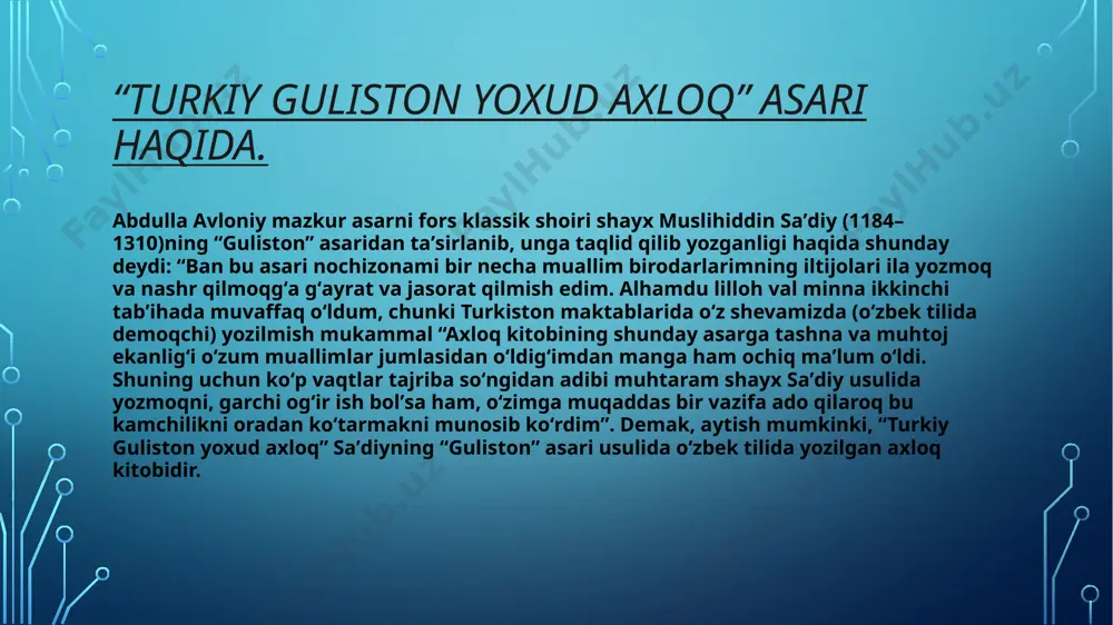 bosib chiqardi. turkiy guliston yoxud axloq”ning qoʻlingizdagi beshinchi nashri sobiq nashrlar ichida eng mukammalidir. bunda kotib mannon uygʻur dastxati matnining faksimeli, lotin yozuvi asosidagi yangi oʻzbek yozuviga oʻgirilgan matni, qiyin soʻzlar lugʻati berilgan. bundan tashqari abdulla avloniyning “birinchi muallim”, “ikkinchi muallim” “maktab gulistoni” asarlaridan tanlangan hikoya, sheʼrlari ham ilova qilindi. kitobni nashrga tayyorlashda iqtidorli shogirdlarimiz tavakkalova dilnoza va boboxonova feruzalarning xizmatlari bor asar keng kitobxonlar ommasiga moʻljallangan maʼrifat darsligidir. uning yoshlarning axloqiy tarbiyasida katta ahamiyatga ega ekanligiga ishonchimiz komildir. axloq tarbiyasi. aql tarbiyasi: insonlarga eng muhim, ziyoda sharaf, baland daraja beruvchi axloq tarbiyasidir. biz avvalgi darsda tarbiya ila dars orasida farq bor dedik, chunki dars oluvchi-biluvchi, tarbiya oluvchi amal qiluvchi demakdir. shuning uchun tarbiya qiluvchi muallimlarning oʻzlari ilmlariga omil boʻlib shogirdlarga ham bergan darslarini amal ila chaqushtirib oʻrgatmaklari lozimdir. bu ravishi taʼlim ila berilgan dars maʼlumot shogirdlarning diliga tez taʼsir qilib, mulloyi boamal boʻlurlar. rasuli akram nabiyyi muhtaram sallollohu alayhi …