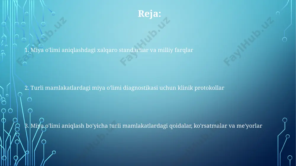 testi, ya'ni sun'iy nafas olish to'xtatilganda qon gazlarining o'zgarishini kuzatish majburiy bo'lib, bu jarayon 8 minutdan ko'p bo'lmagan vaqt davomida amalga oshiriladi. elektroensefalografiya (eeg) va boshqa qo'shimcha tekshiruvlar elektroensefalografiya (eeg) natijalari 2 marta, 20 daqiqalik oralig'ida yaxshi asbob-uskunalar yordamida issiqlik yoki boshqa artefaktlarsiz, elektr faoliyatining to'liq yo'qligini ko'rsatishi kerak. eeg bilan birga, boshqa qo'shimcha tekshiruvlar, masalan, apnea testi (kamida 8 daqiqa davomida spontan nafas olishning yo'qligi) va bradiykardiya (har daqiqada 60 zarbadan kam yurak urishi) kuzatilishi mumkin. miya o'limi diagnostikasida eeg ning yuqori sezgirligi va aniqligi 80-95% gacha etib borishi mumkin, ammo boshqa klinik mezonlar bilan birgalikda qo'llanilishi muhim. "miya o'limi" holatlarida organlarni donornilik "miya o'limi" holatlarida donorlik uchun minimal kuzatish muddati, ba'zi mamlakatlarda 6 soat, boshqalarida esa 12 soatgacha yetishi mumkin, bu esa aniq diagnostika uchun zarurdir. "miya o'limi" tashxisi qo'yilganidan keyin organlarni olish va transplantatsiya qilish jarayoni qat'iy protokollar va 4-6 kishilik tibbiy komissiya tomonidan nazorat qilinadi. o'limning …