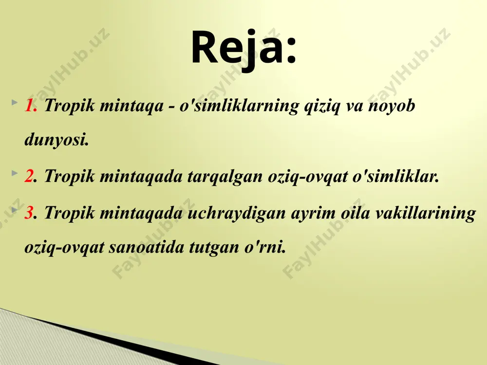 arbga borgan sari o'simliklar dunyosi ham o'zgarib boradi:aralash(doim yashil va barg to'kuvchi) o'rmonlar,mussonli o'rmonlar (tropik o'rmonlar); siyrak o'rmonlar va savannalar , quruq o'rmonlar va kserofill butalar. tropik o'rmonlar qalin qoplangan butalar va chirmashib o'suvchi lianalar va moxlardan tashkil topgandir. shunga muvofiq tarzda bu mintaqada zonallik bo'yicha faunanig ham o'zgarib borishi kuzatiladi. okean suvlarida bug'lanish ko'proq bo'lganidan kislorod va planktonlar siyrak joylashgan. floraning ajoyib vakillari o'zlarining xilma-xilligi bilan ajralib turadi va insonlarni hayratga soladi. ular odatdagidek, ammo juda ham noyob ba qiziq ko'rinadi. masalan qovoqli olma juda ham shirin shuning uchun bu mevani juda yoqtirib iste'mol qilishadi. lekin bu mevani darhol iste'mol qilish sharbat va murabbolar tayyorlash kerak. qisqa muddat ichida saqlash uchun ham yaroqsiz hisoblanadi. barcha mevalar o'ziga xosliklarga ega. zanjabil yoki kulrang yong'oq qadim zamonlardan o'zining shakli bilan ajralib turadi. qizig'i shundaki, yong'oq qobig'i bir-biriga juda ko'p bo'shliqlar bilan kirib boradi, unda o'ziga xos kainat balzamining rezinali yog'i mavjud. …