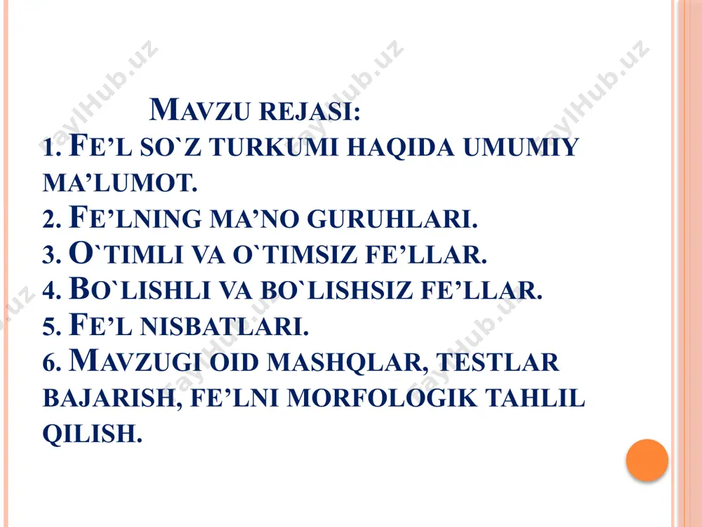 lmoq, bo‘yamoq, yaratmoq, yemoq. 4. holat fe’llari: titramoq, jovdiramoq, sevinmoq, jonlanmoq,jilmaymoq. o‘timli va o‘timsiz fe’llar o‘timli fe’llar tushum kelishigidagi so‘zlarni o‘ziga biriktira oladigan fe’llardir: mashqni ishlamoq, kitobni olmoq, xatni yozmoq, his qilmoq, xonani tozalamoq, kiyimni kiymoq. o‘timsiz fe’llar tushum kelishigidagi so‘zlarni birirktira olmaydigan fe’llardir: qaramoq, chiqmoq, turmoq, joylashmoq, tegmoq, quvonmoq, bormoq, yugurmoq. bo‘lishli va bo‘lishsiz fe’llar bo‘lishli fe’llar ish-harakatning uch zamondan birida bajarilganini bildiradi: yozdi, yozyapti, yozmoqchi. bo‘lishli fe’llar maxsus ko‘rsatkichga (qo‘shimchaga) ega emas. bo‘lishsiz fe’llar ish-harakatning yuzaga kelmasligini ifodalaydi. ular quyidagicha hosil bo‘ladi: -ma qo‘shimchasi yordamida: yozmadi, yozmayapti, yozmayotir, yozmagan. -ma qo‘shimchasi ko‘makchi fe’lli so‘z qo‘shilmalarida o‘rni bilan yetakchi fe’lga yoki ko‘makchi fe’lga qo‘shiladi: sezmay qoldi, bilmay turdi, bora olmadi, bila olmadi. agarda har ikkala fe’lga -ma bo‘lishsizlik qo‘shimchasi baravar qo‘shilsa, bo‘lishlilik ma’nosi ifodalanadi: aytmay qo‘ymaydi (albatta aytadi), ko‘rmay ketmaydi (albatta ko‘radi), bilmay qo‘ymaydi ( bilib oladi). - uyushiq holdagi fe’llarda ular oldidan na inkor yuklamasini takror qo‘llash orqali: …