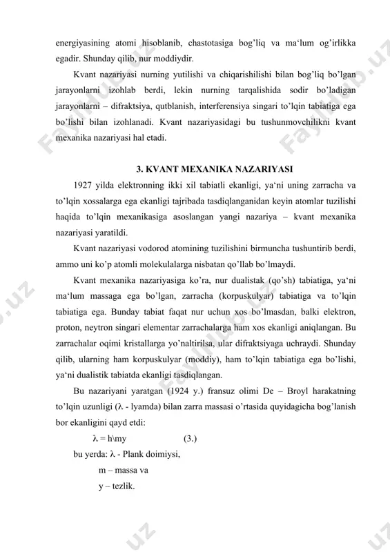 o’xshatish, u bilan bog’lash mumkin. 4. sнryodingеr tеnglamasi har qanday zarracha harakatlanganda, bu davriy jarayon uch o’lchamli (uch koordinatli) fazoda tarqaluvchi to’lqin ko’rinishida bo’ladi. bu to’lqin faza to’lqini deyiladi. avstriya fizik nazariyotchisi e. shryodinгер 1926 yilda faza to’lqinining tarqalish tenglamasini tuzishga muvaffaq bo’lgan. bu tenglama kvant mexanikasi (yoki to’lqin mexanikasi) ning asosiyo tenglamasi bo’lib qoldi. n. bor nazariyasiga muvofiq, elektron yadro atrofida ma‘lum orbitada aylanadi, deb hisoblanar edi. shryodinger tenglamasiga muvofiq esa elektron atom yoki molekulaning turli joylarida ma‘lum ehtimollik bilan paydo bo’lib turishi mumkinligi to’g’risida gap yuritish mumkin. natijada elektronning zaryadi ma‘lum bir joyda emas, ma‘lum ehtimollik bilan yadro atrofidagi fazoda tarqalgan va uning zichligi har joyda har xil bo’ladi. shunday qilib elektron bulutli paydo bo’ladi. shunga ko’ra, elektron bulut (yoki elektron zaryadining zichligi) ham ma‘lum ehtimollik bilan ta‘riflanadi. ma‘lum elektronning atomdagi holatini va zaryadi zichligining taqsimlanishini, elektron atom atrofida turli joylarda bo’lishi ehtimolligini ifodalaydigan to’lqin funksiyasi atom orbitali …