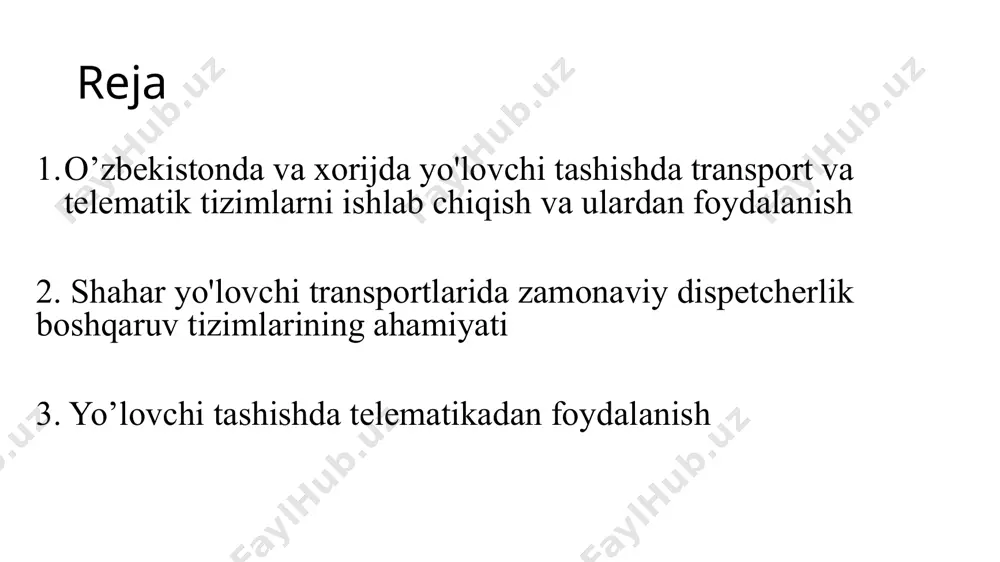 k va yo‘lovchilarni tashishda avtotransportlarga yo‘l varaqalarini elektron rasmiylashtirish va yuritish tizimini joriy etish bo‘yicha tajriba-sinov loyihasi amalga oshiriladi. elektron yo‘l varaqalari transport vazirligining “uztrans” yagona interaktiv axborot tizimining “elektron yo‘l varaqa” avtomatlashtirilgan axborot tizimi orqali rasmiylashtiriladi va yuritiladi; elektron yo‘l varaqalari avtomobilda yuk va yo‘lovchi tashish faoliyati bilan shug‘ullanuvchi yuridik shaxslar tomonidan mustaqil rasmiylashtiriladi; yo‘l varaqalarining qog‘oz shaklidan foydalanishni cheklamagan holda uning elektron ko‘rinishiga bosqichma-bosqich o‘tiladi; elektron yo‘l varaqalari tizimi shaxsiy yengil avtomobilida yo‘nalishsiz taksi sifatida yo‘lovchilarni tashish bilan shug‘ullanuvchi jismoniy shaxslar uchun amal qilmaydi; mazkur tizim platformasini yaratish, joriy etish va unga xizmat ko‘rsatish uchun manfaatdor tashkilotlar (milliy operatorlar) tanlov asosida jalb etilishi mumkin; tizimdan foydalanganlik uchun yig‘im undirilmaydi. image1.jpeg image2.png image3.gif image4.png image5.png image6.gif image7.png image8.jpeg image9.jpeg image10.png image11.png /docprops/thumbnail.jpeg